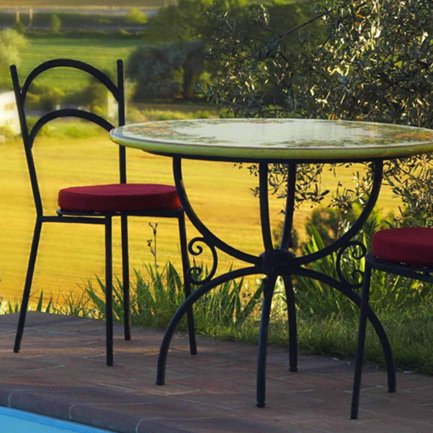 CERAMIC STONE TABLE + IRON BASE: CASCIA Design^ - Hand Painted in Deruta, Italy. - tops-selection.shop