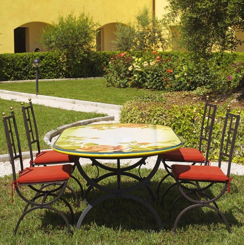 CERAMIC STONE TABLE + IRON BASE: COLONIA Design^ - Hand Painted in Deruta, Italy. - tops-selection.shop