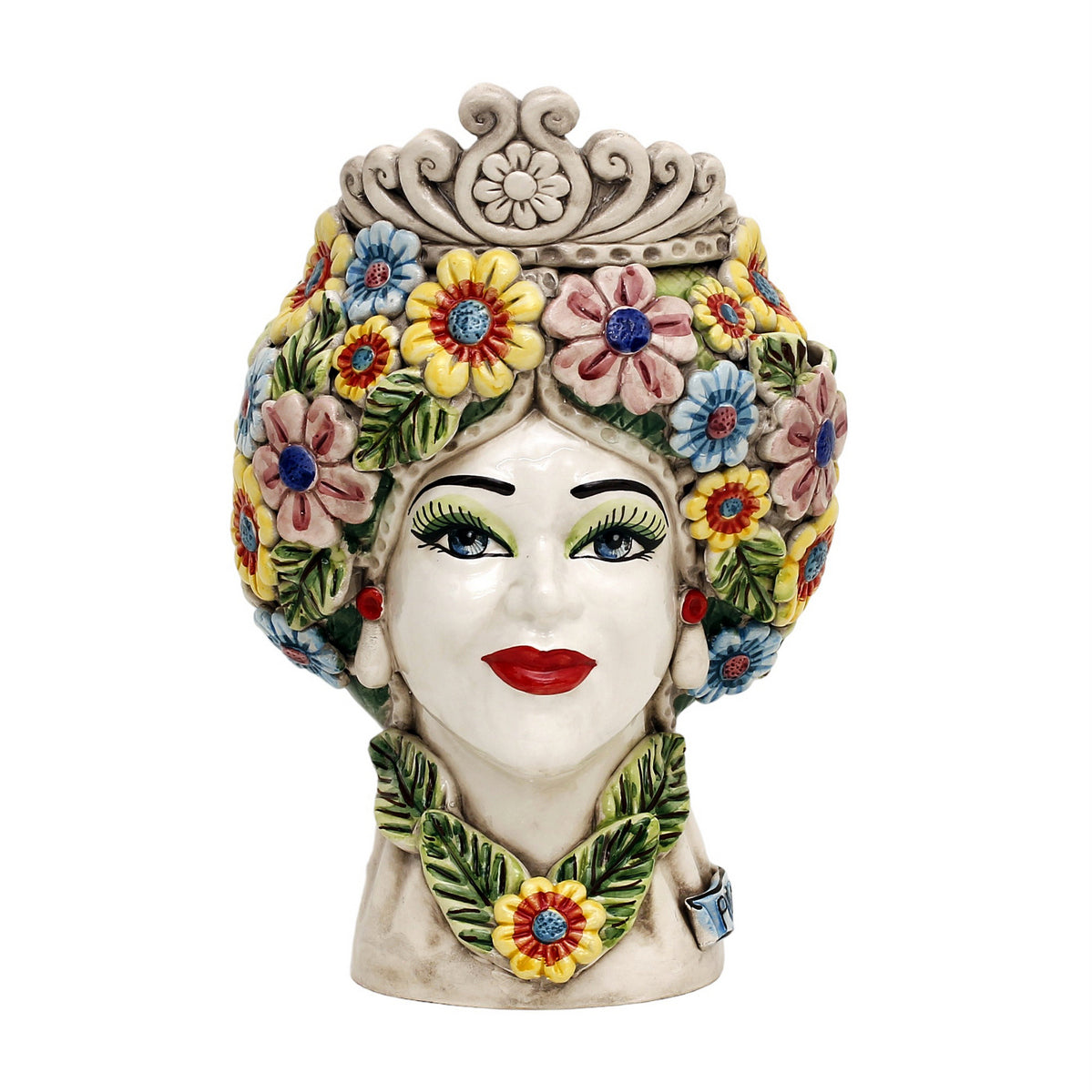 CALTAGIRONE: Sicilian Moorish Head Vase - Woman with Spring flowers (Medium 12" H.) - tops-selection.shop