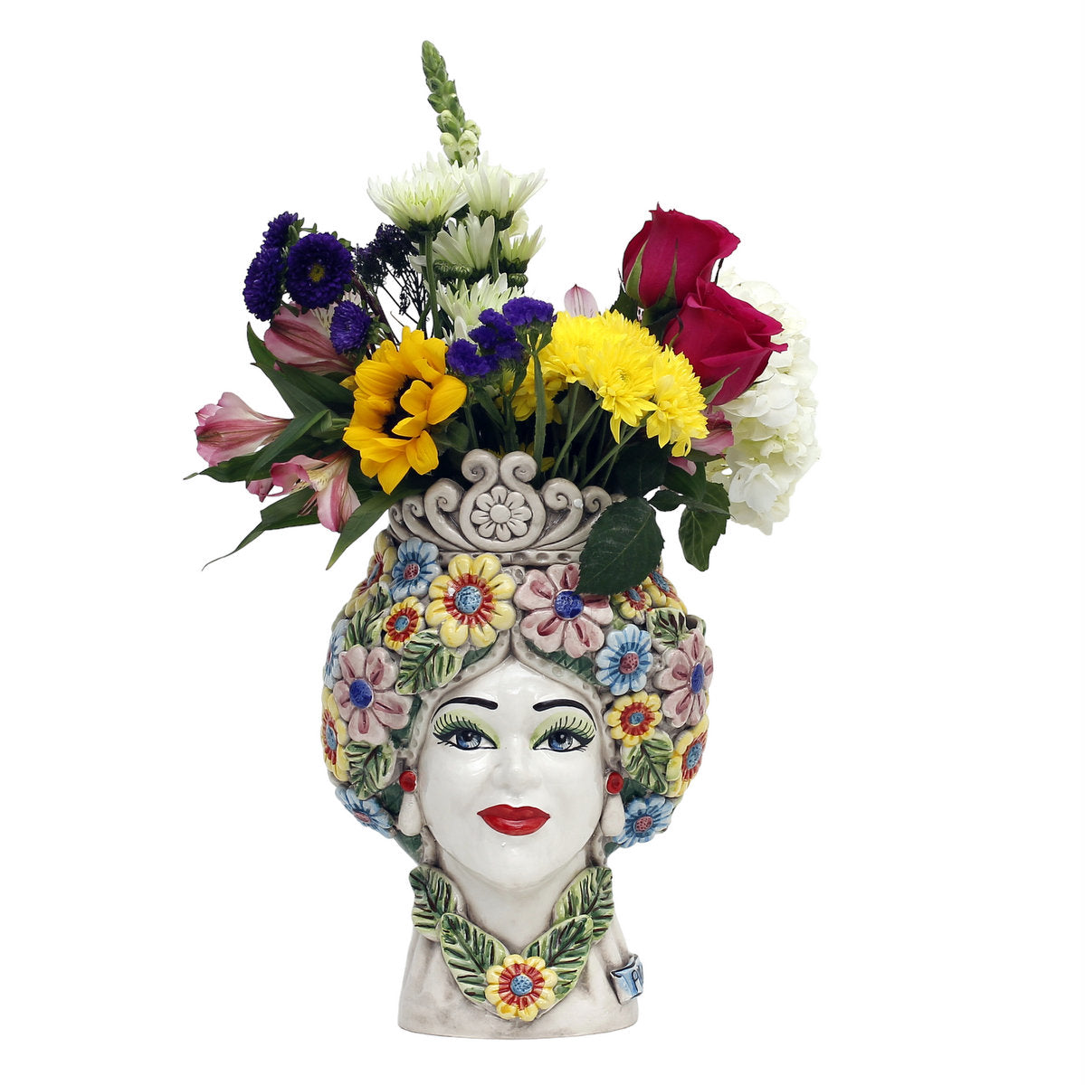 CALTAGIRONE: Sicilian Moorish Head Vase - Woman with Spring flowers (Medium 12" H.) - tops-selection.shop
