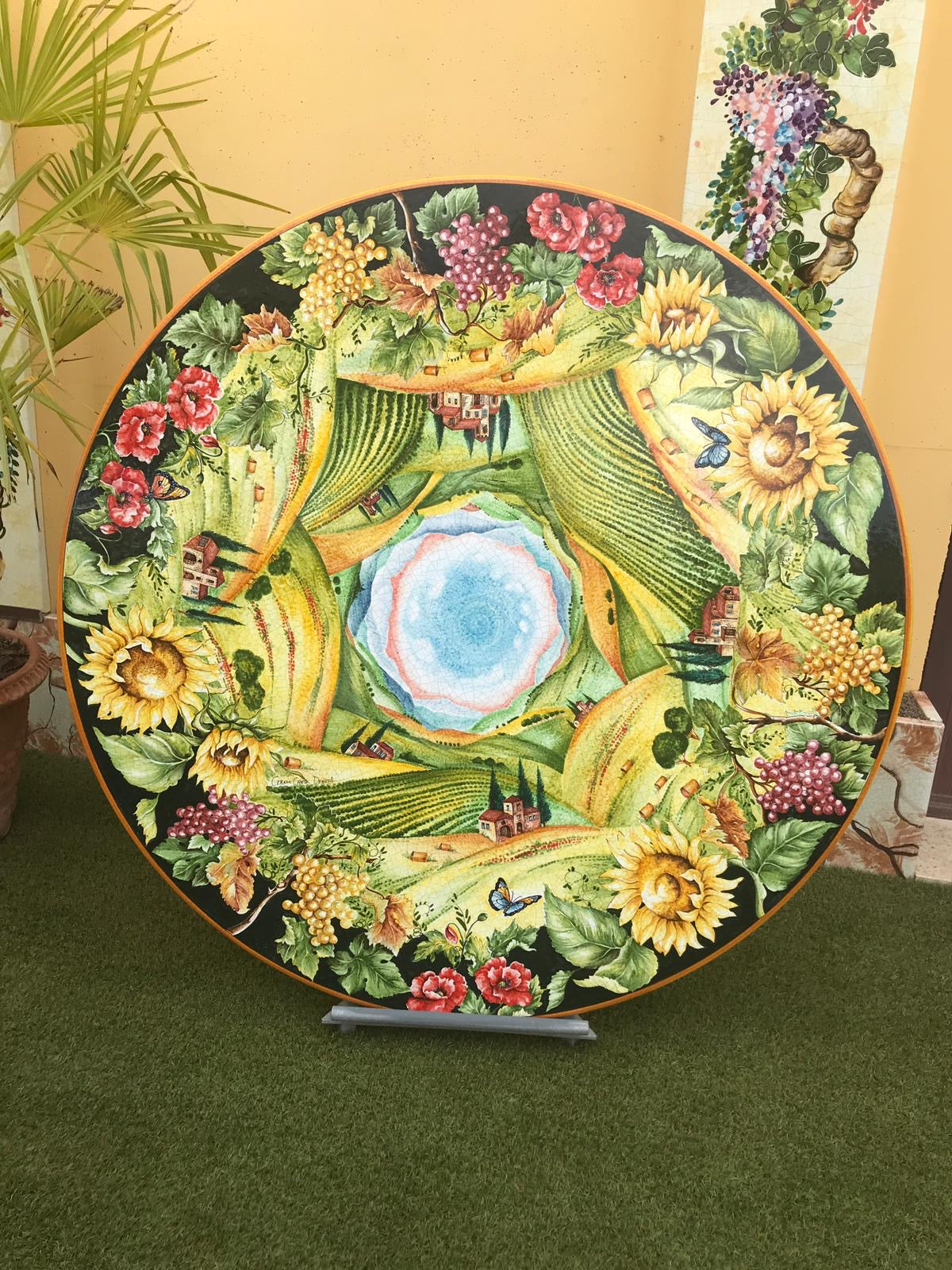 CERAMIC STONE TABLE + IRON BASE: FIRENZE Design^ - Hand Painted - tops-selection.shop