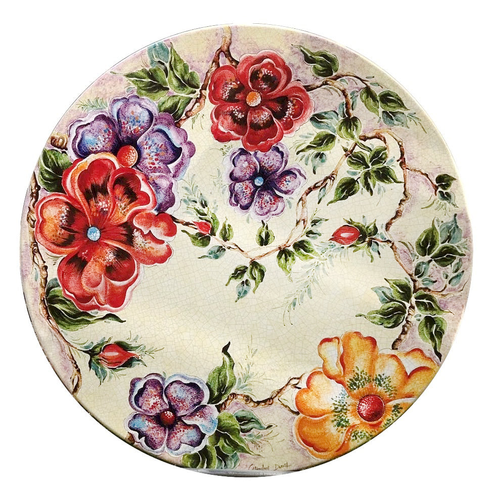 CERAMIC STONE TABLE + IRON BASE: FLOWER Design^ - Hand Painted - tops-selection.shop