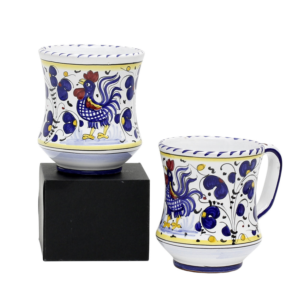 GIFT BOX: With two Deruta Mugs - ORVIETO BLUE ROOSTER Concave Design - tops-selection.shop