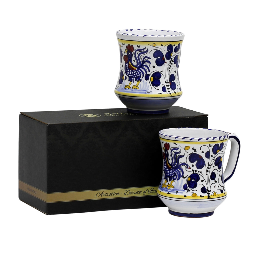 GIFT BOX: With two Deruta Mugs - ORVIETO BLUE ROOSTER Concave Design - tops-selection.shop