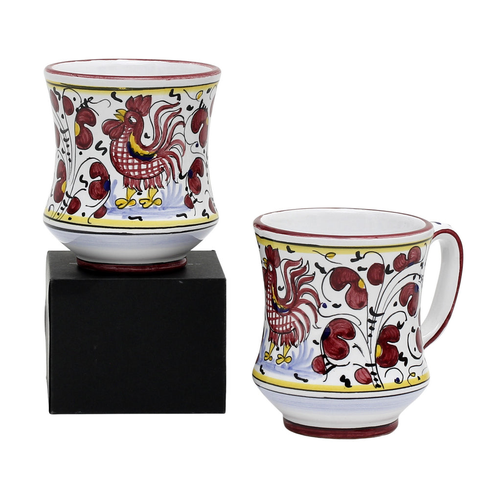 GIFT BOX: With two Deruta Mugs - ORVIETO RED ROOSTER Concave Design - tops-selection.shop