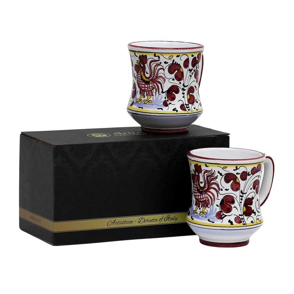 GIFT BOX: With two Deruta Mugs - ORVIETO RED ROOSTER Concave Design - tops-selection.shop