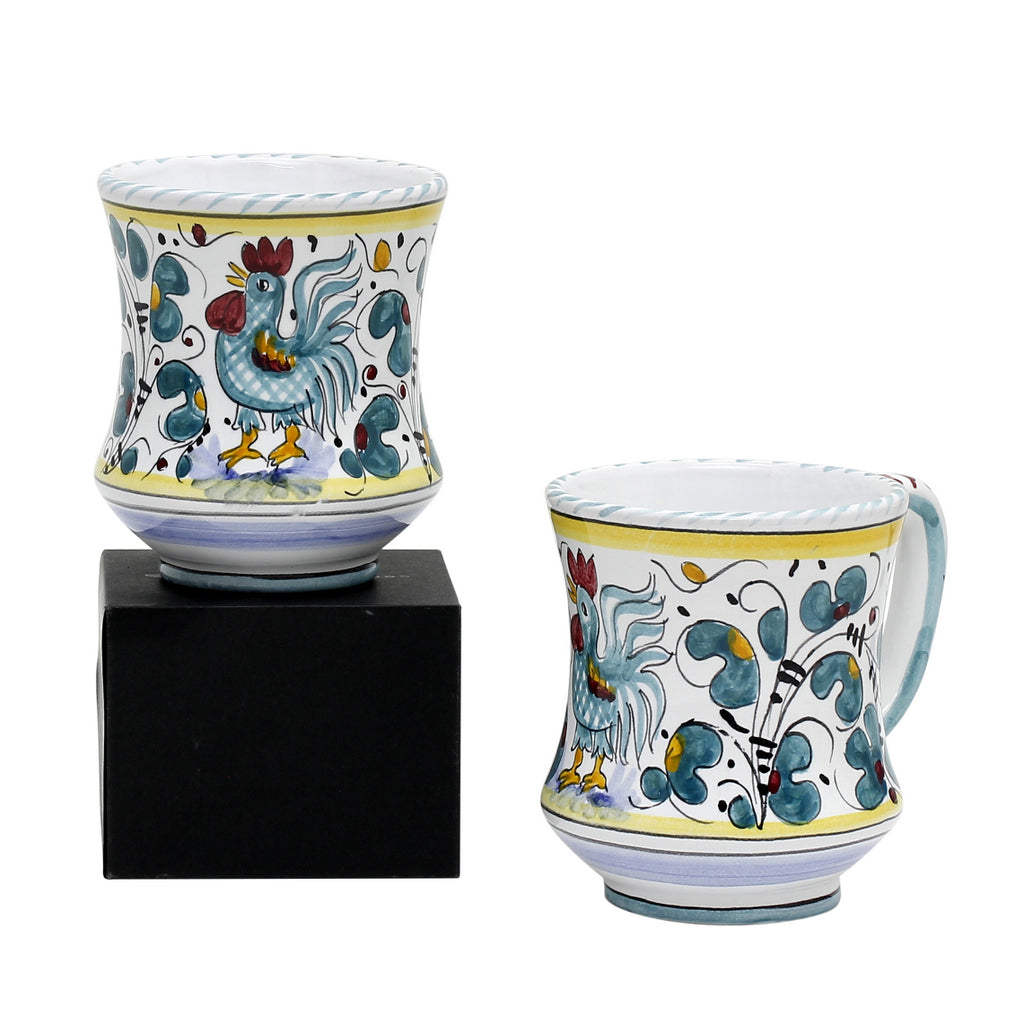 GIFT BOX: With two Deruta Mugs - ORVIETO GREEN ROOSTER Concave Design - tops-selection.shop