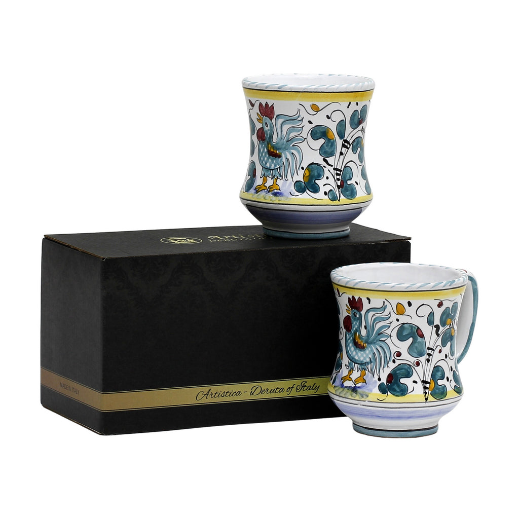 GIFT BOX: With two Deruta Mugs - ORVIETO GREEN ROOSTER Concave Design - tops-selection.shop