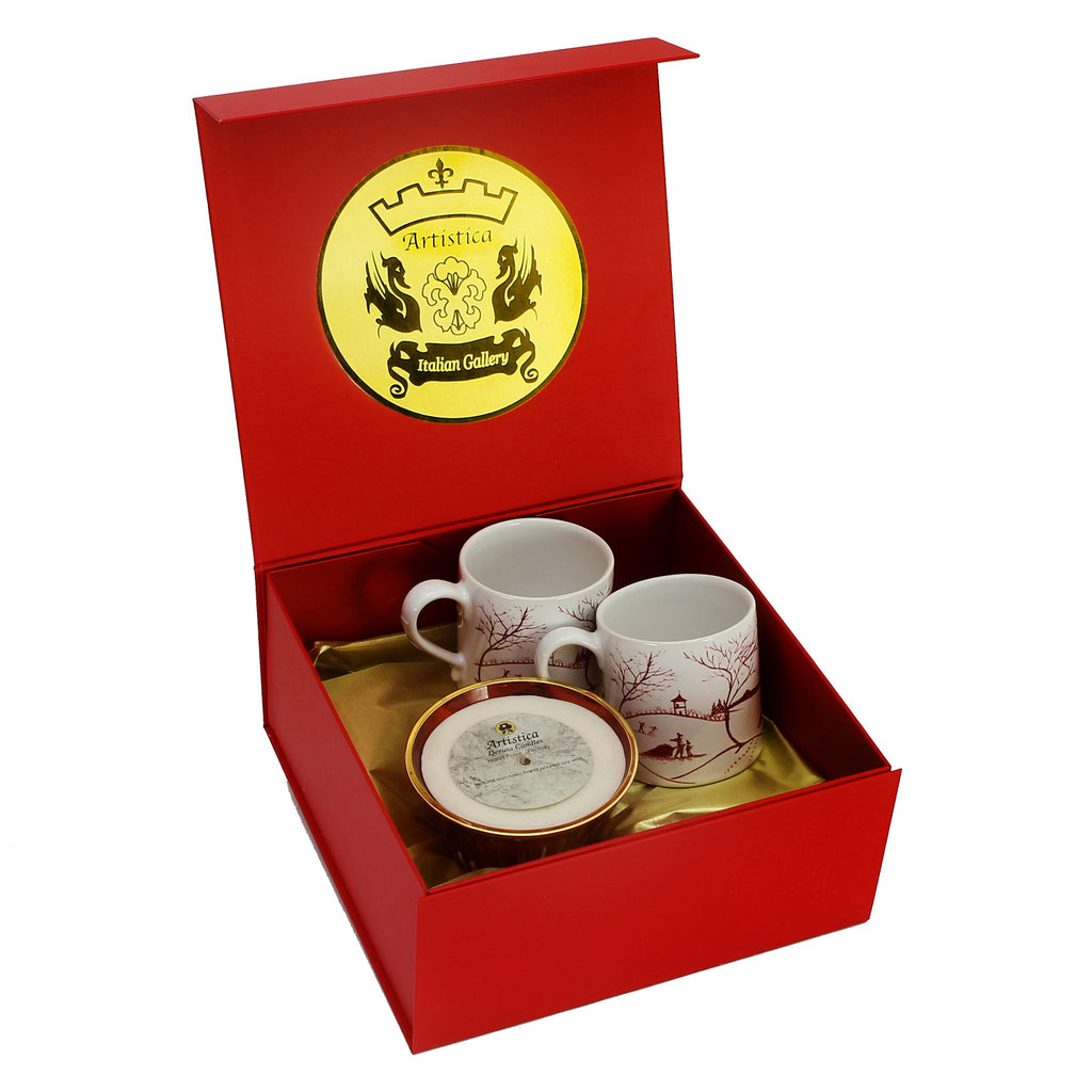 GIFT BOX: DeLuxe Glossy Red Gift Box with two Juliska mugs and a Crystal unscented candle. - tops-selection.shop