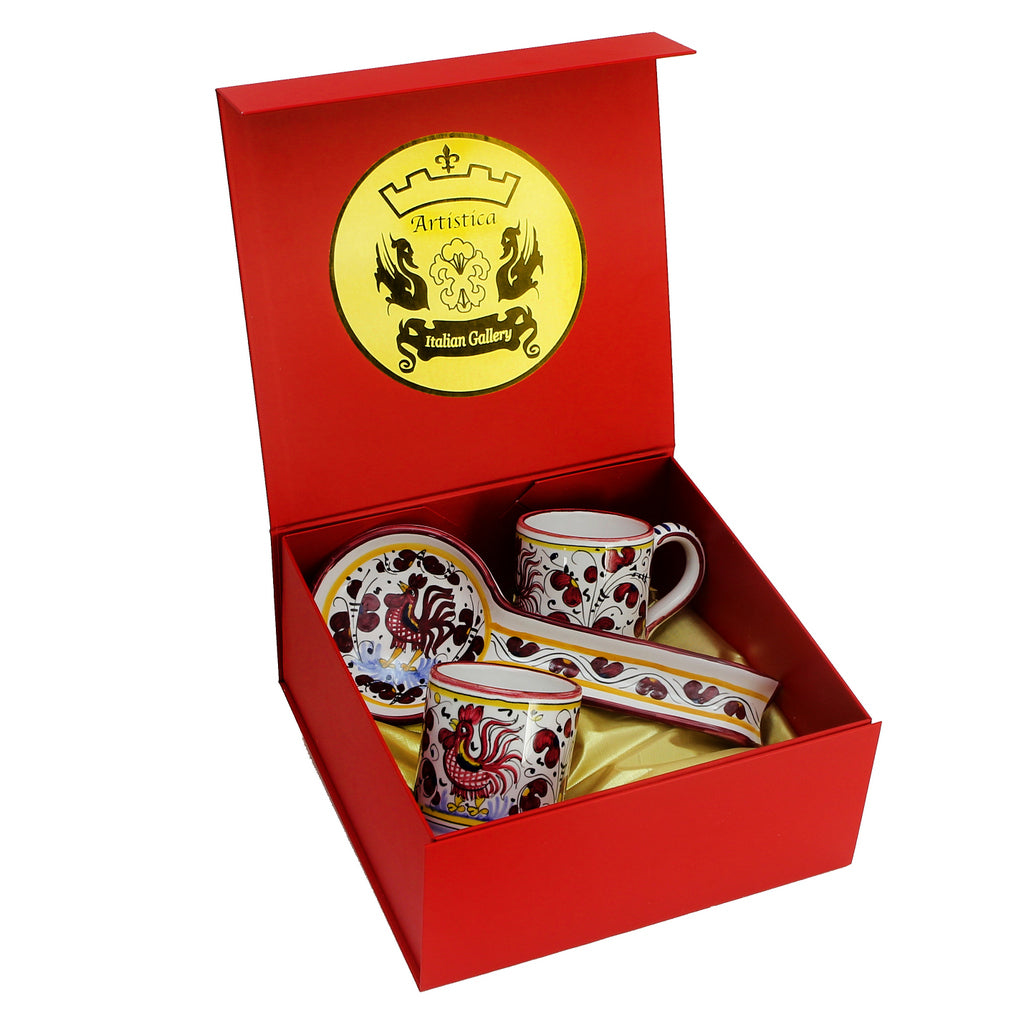 GIFT BOX: DeLuxe Glossy Red Gift Box with two Deruta Mugs and a Spoon Rest - tops-selection.shop