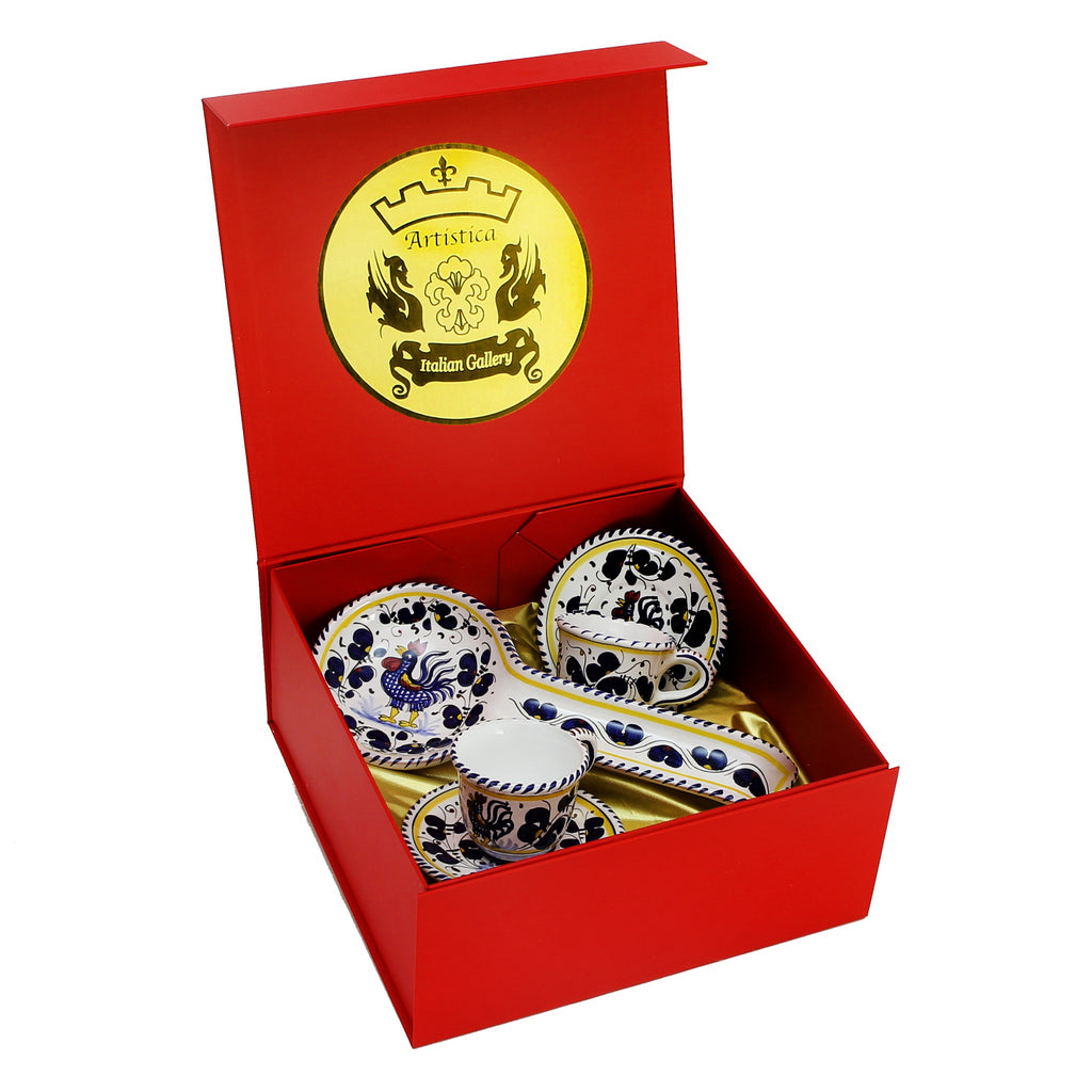 GIFT BOX: DeLuxe Glossy Red Gift Box with two Deruta Espresso Cup and Saucer and a Spoon Rest - tops-selection.shop