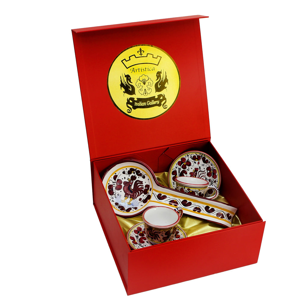 GIFT BOX: DeLuxe Glossy Red Gift Box with two Deruta Espresso Cup and Saucer and a Spoon Rest - tops-selection.shop