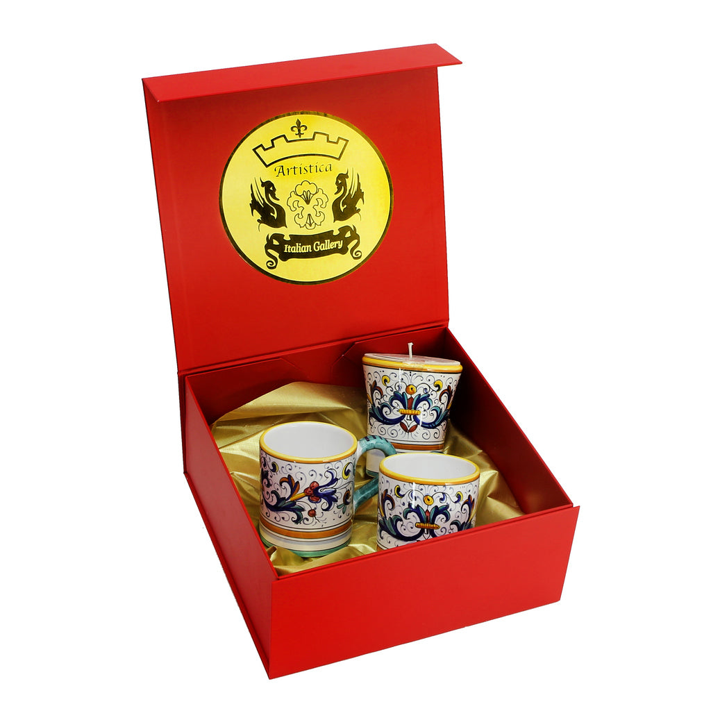 GIFT BOX: DeLuxe Glossy Red Gift Box with Two Mugs and One Ricco Deruta Candle - tops-selection.shop