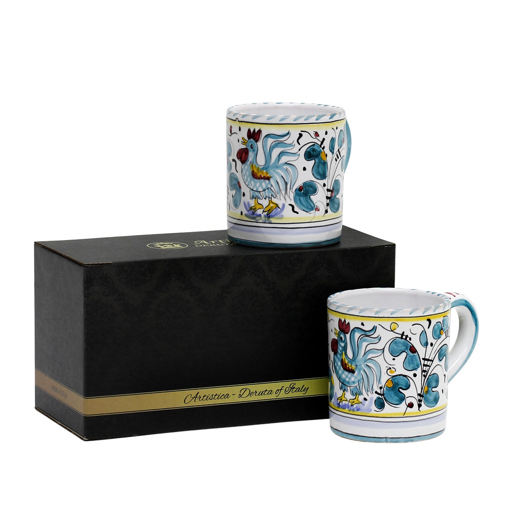 GIFT BOX: With two Deruta Mugs - ORVIETO GREEN ROOSTER Design - tops-selection.shop