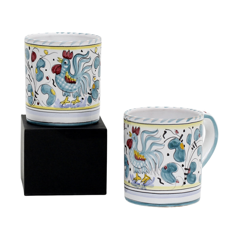 GIFT BOX: With two Deruta Mugs - ORVIETO GREEN ROOSTER Design - tops-selection.shop