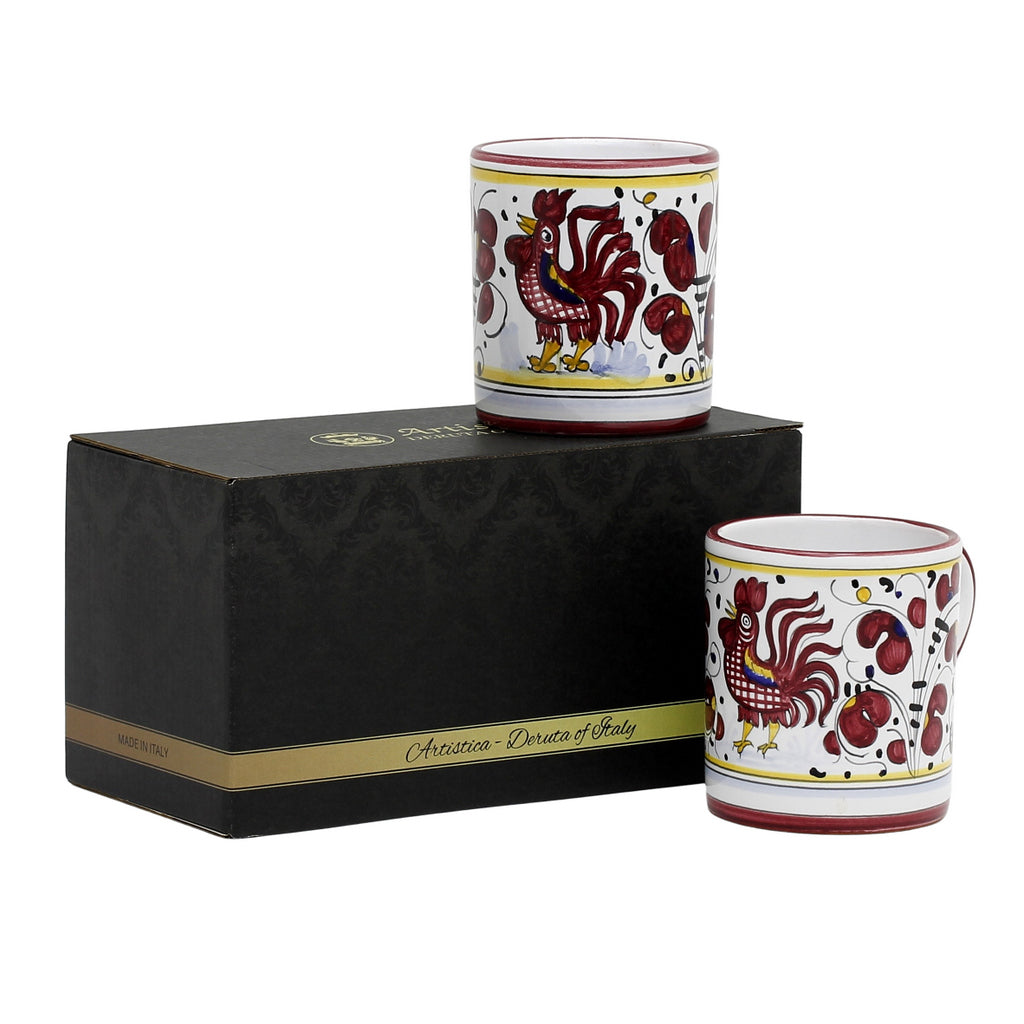 GIFT BOX: With two Deruta Mugs - ORVIETO RED ROOSTER Design - tops-selection.shop