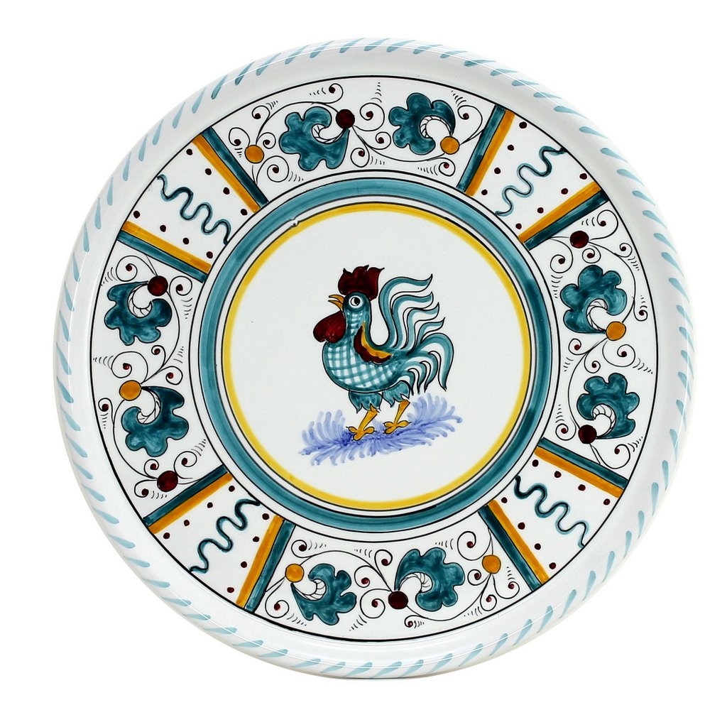 ORVIETO GREEN ROOSTER: Deruta Pizza Plate - Cake or Cheese Platter. - tops-selection.shop