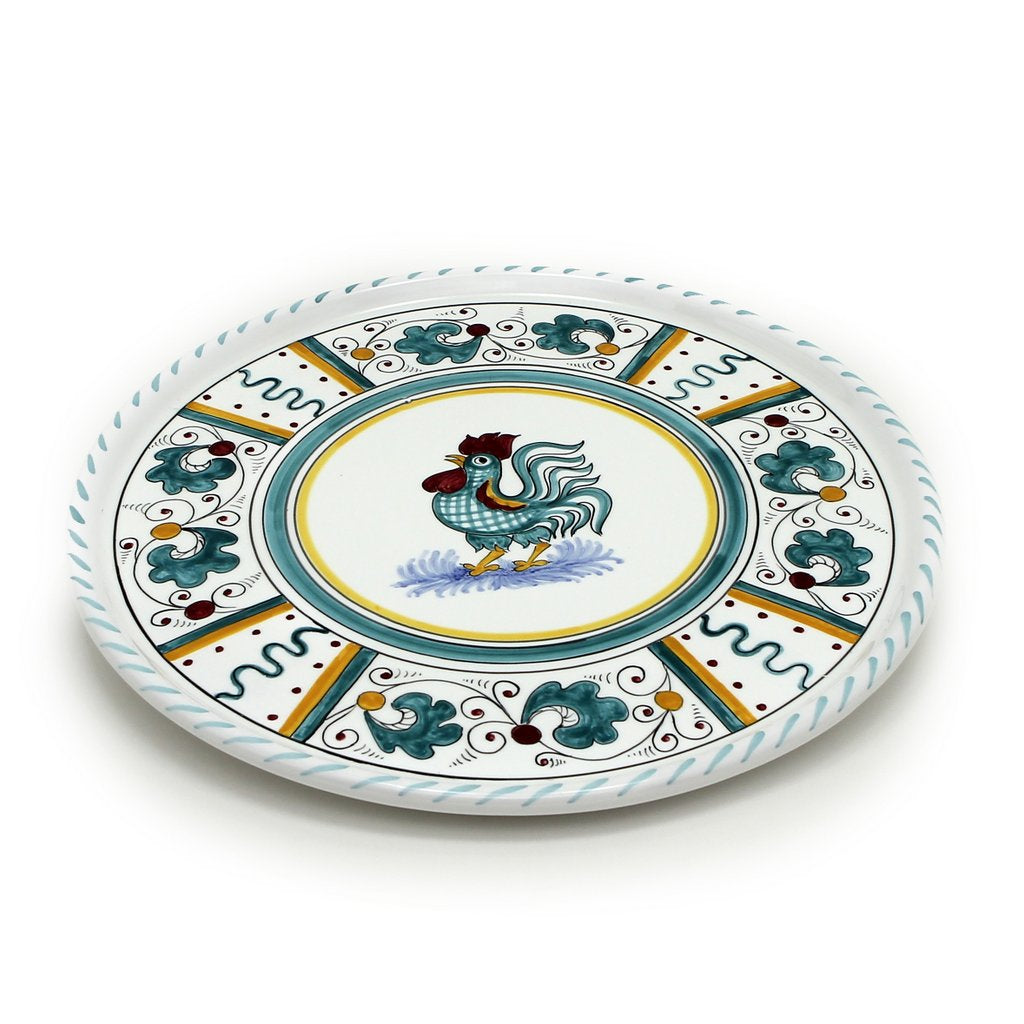 ORVIETO GREEN ROOSTER: Deruta Pizza Plate - Cake or Cheese Platter. - tops-selection.shop