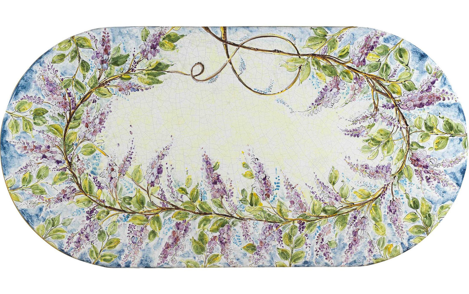 CERAMIC STONE TABLE + IRON BASE: GLICINE Design - Hand Painted in Deruta, Italy. - tops-selection.shop