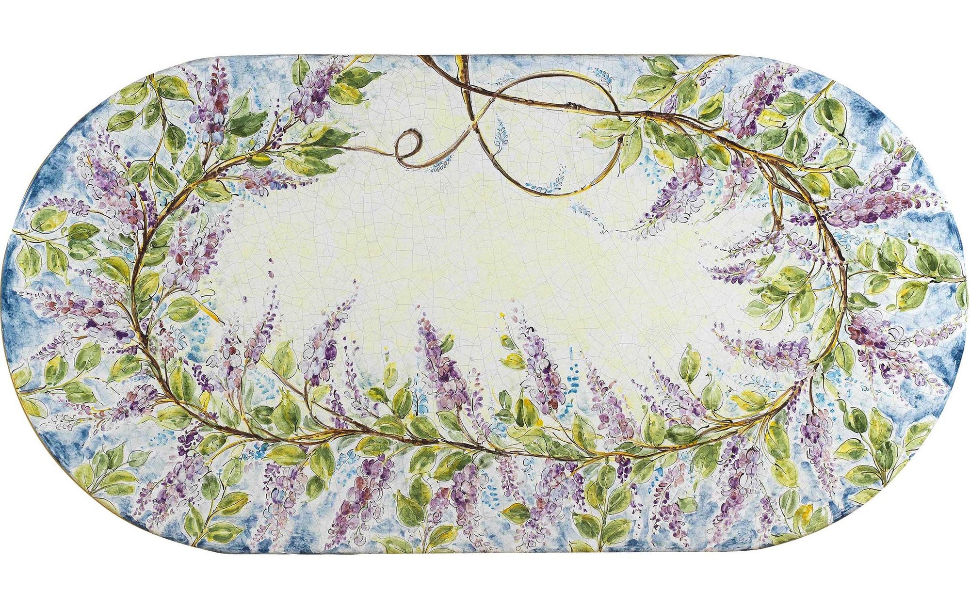 CERAMIC STONE TABLE + IRON BASE: GLICINE Design - Hand Painted in Deruta, Italy. - tops-selection.shop