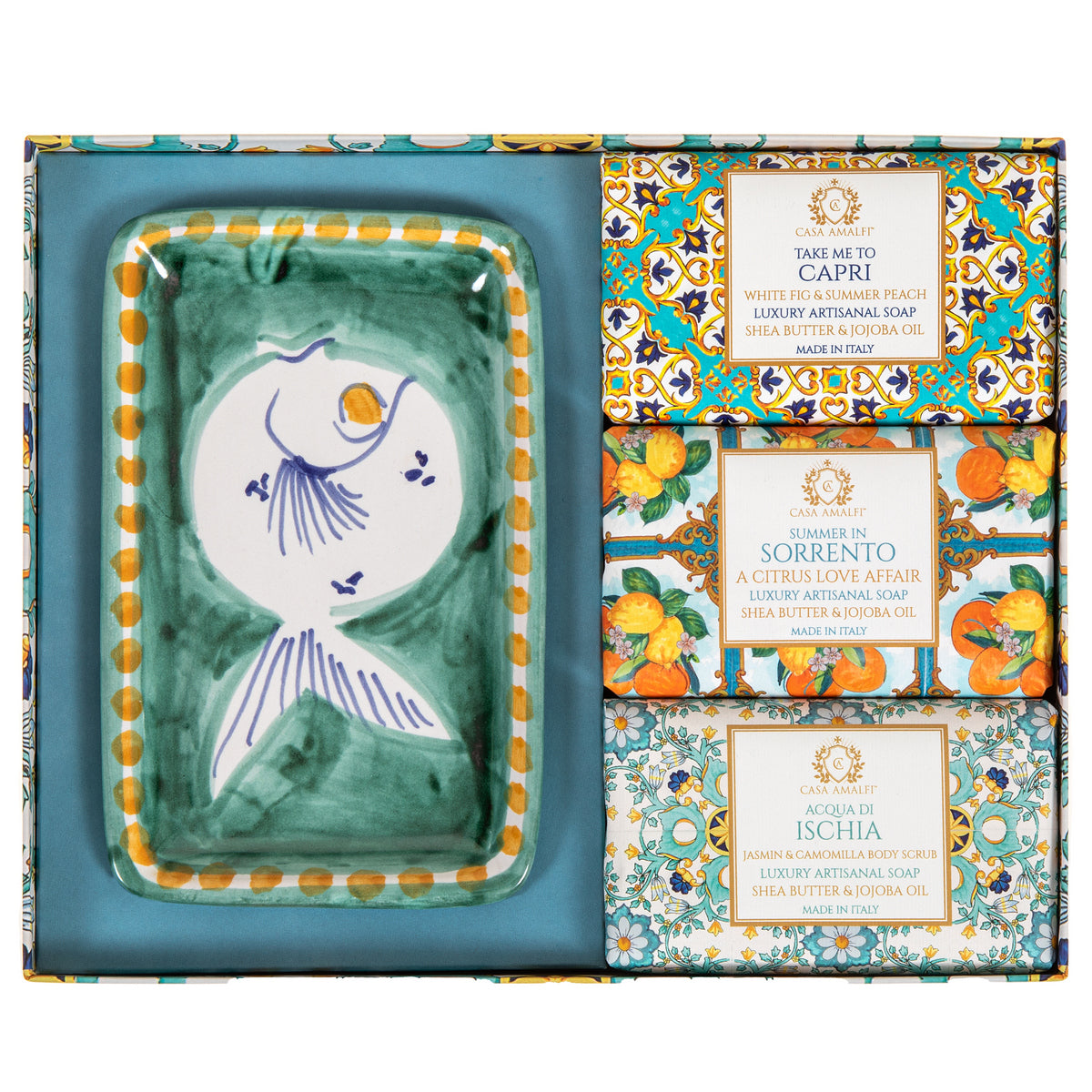 CASA AMALFI SOAPS: Scented Soap Bars with ceramic soap dish - Green Majolica Set - tops-selection.shop