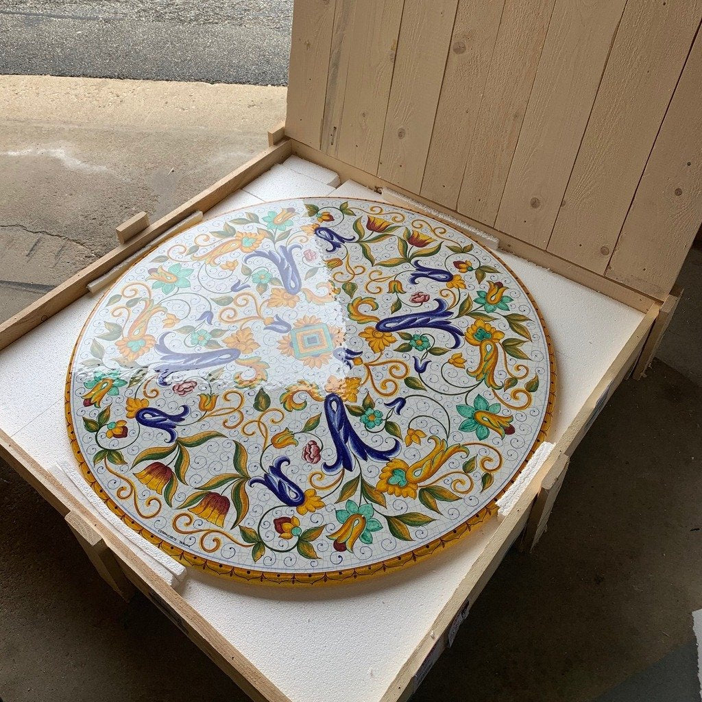 CERAMIC STONE TABLE + IRON BASE: PISA Design^ - Hand Painted in Deruta, Italy. - tops-selection.shop