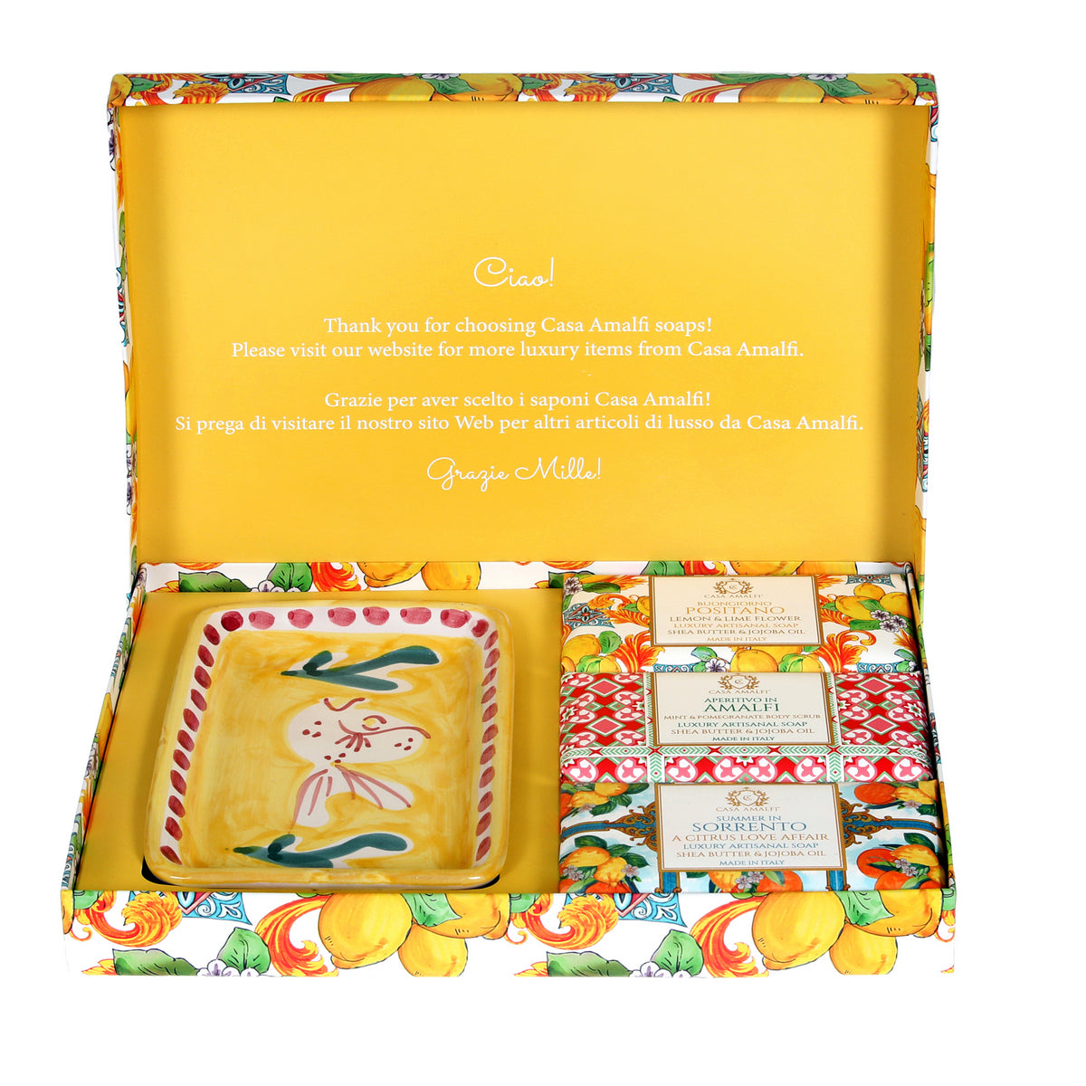 CASA AMALFI SOAPS: Scented Soap Bars with ceramic soap dish - Lemon Majolica Set - tops-selection.shop