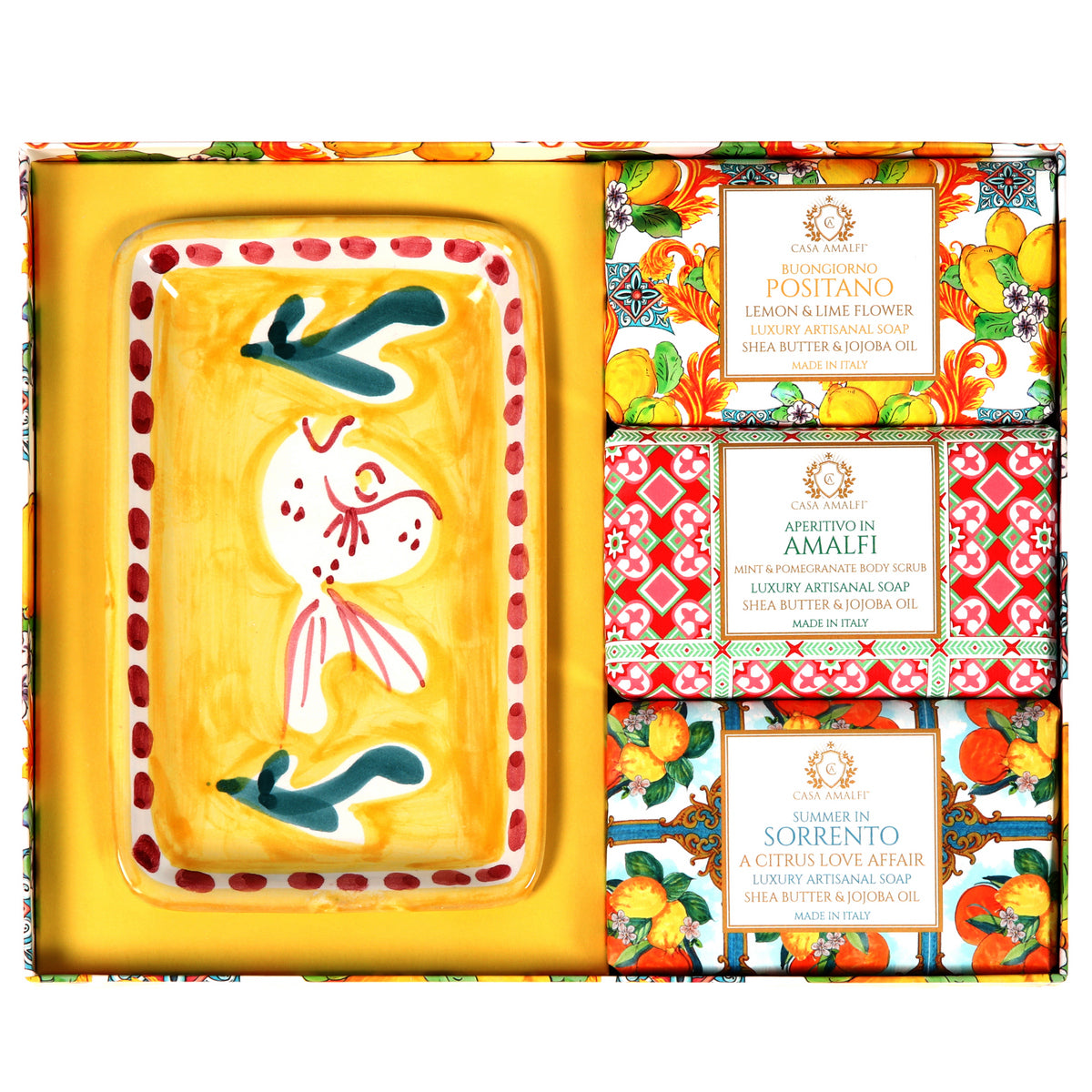 CASA AMALFI SOAPS: Scented Soap Bars with ceramic soap dish - Lemon Majolica Set - tops-selection.shop