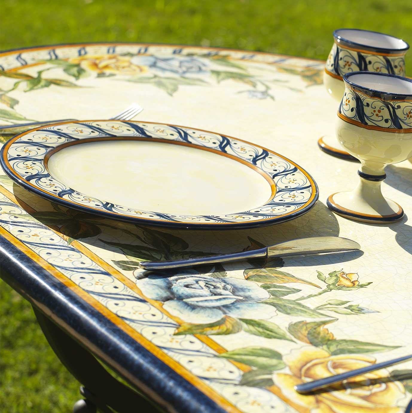 CERAMIC STONE TABLE + IRON BASE: LIVIGNO Design^ - Hand Painted in Deruta, Italy. - tops-selection.shop