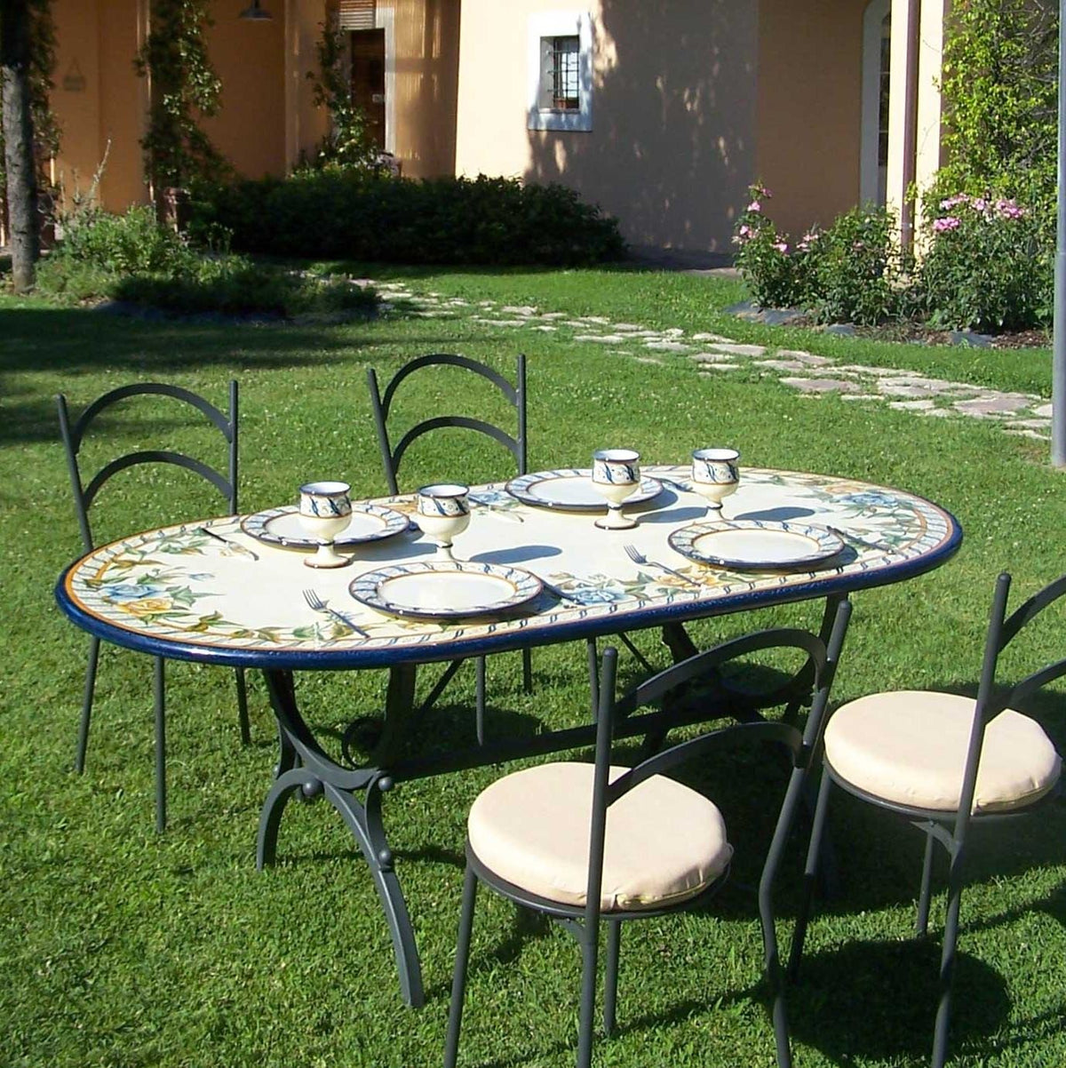 CERAMIC STONE TABLE + IRON BASE: LIVIGNO Design^ - Hand Painted in Deruta, Italy. - tops-selection.shop