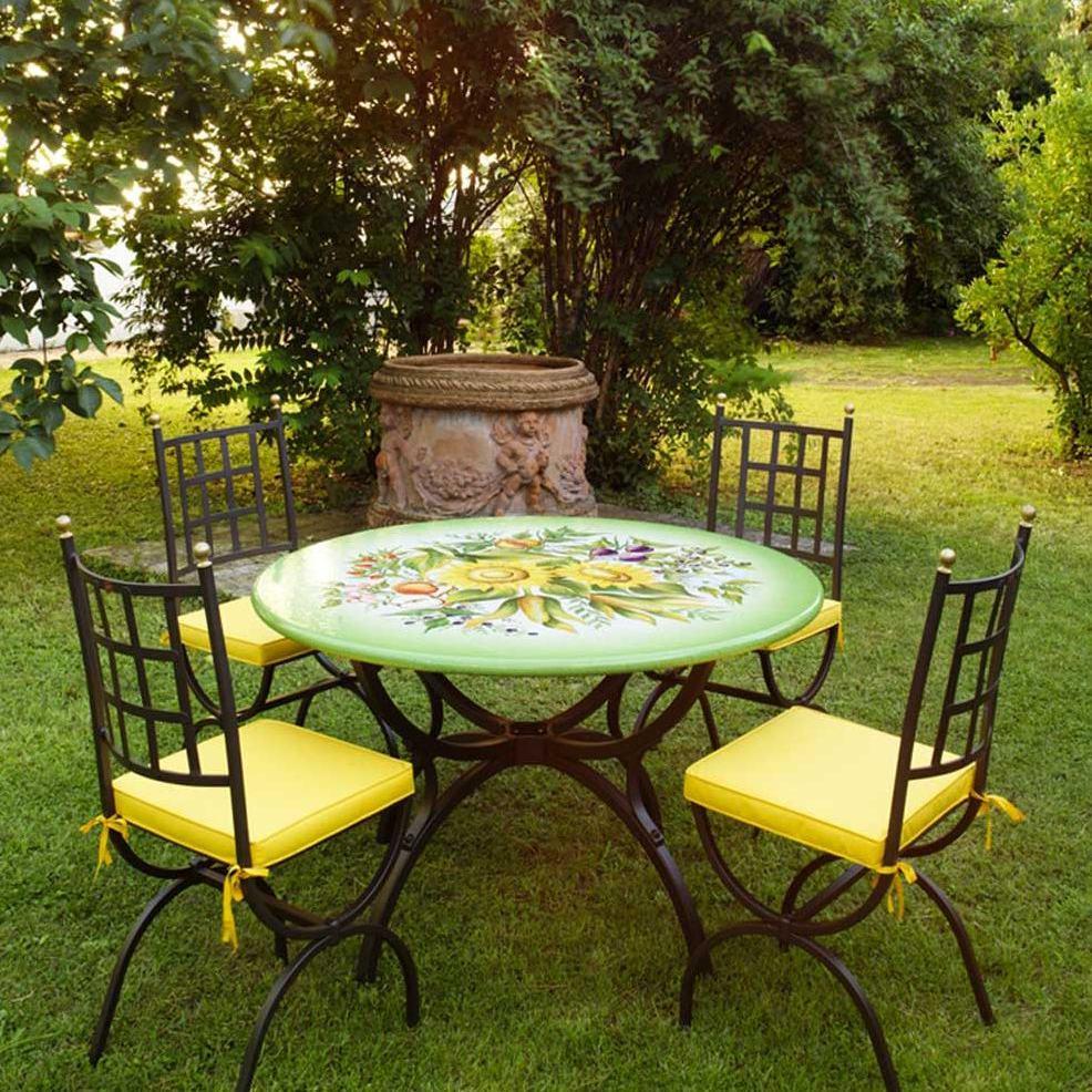 CERAMIC STONE TABLE + IRON BASE: LUCCA Design^ - Hand Painted in Deruta, Italy. - tops-selection.shop