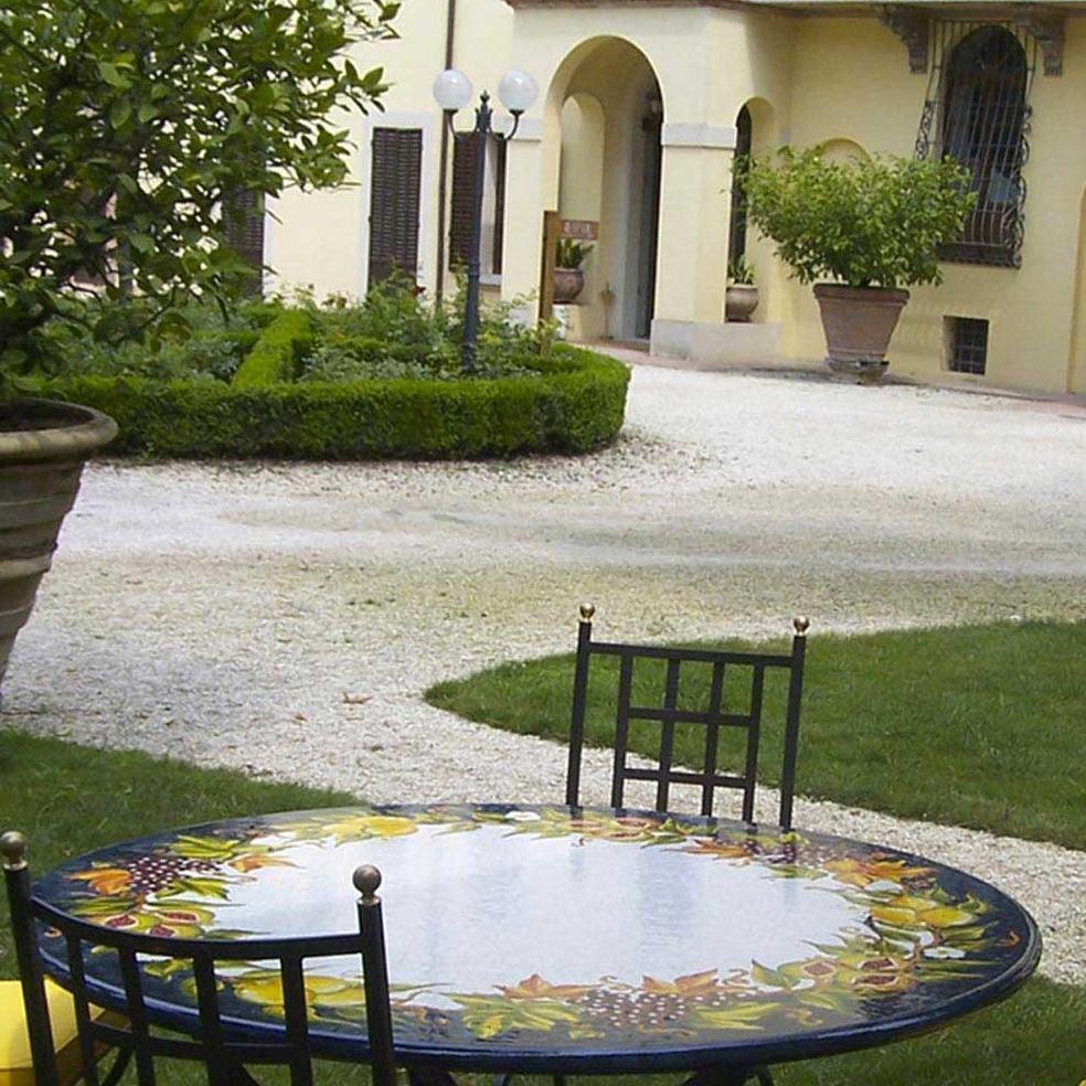 CERAMIC STONE TABLE + IRON BASE: MARATEA Design - Hand Painted in Deruta, Italy. - tops-selection.shop