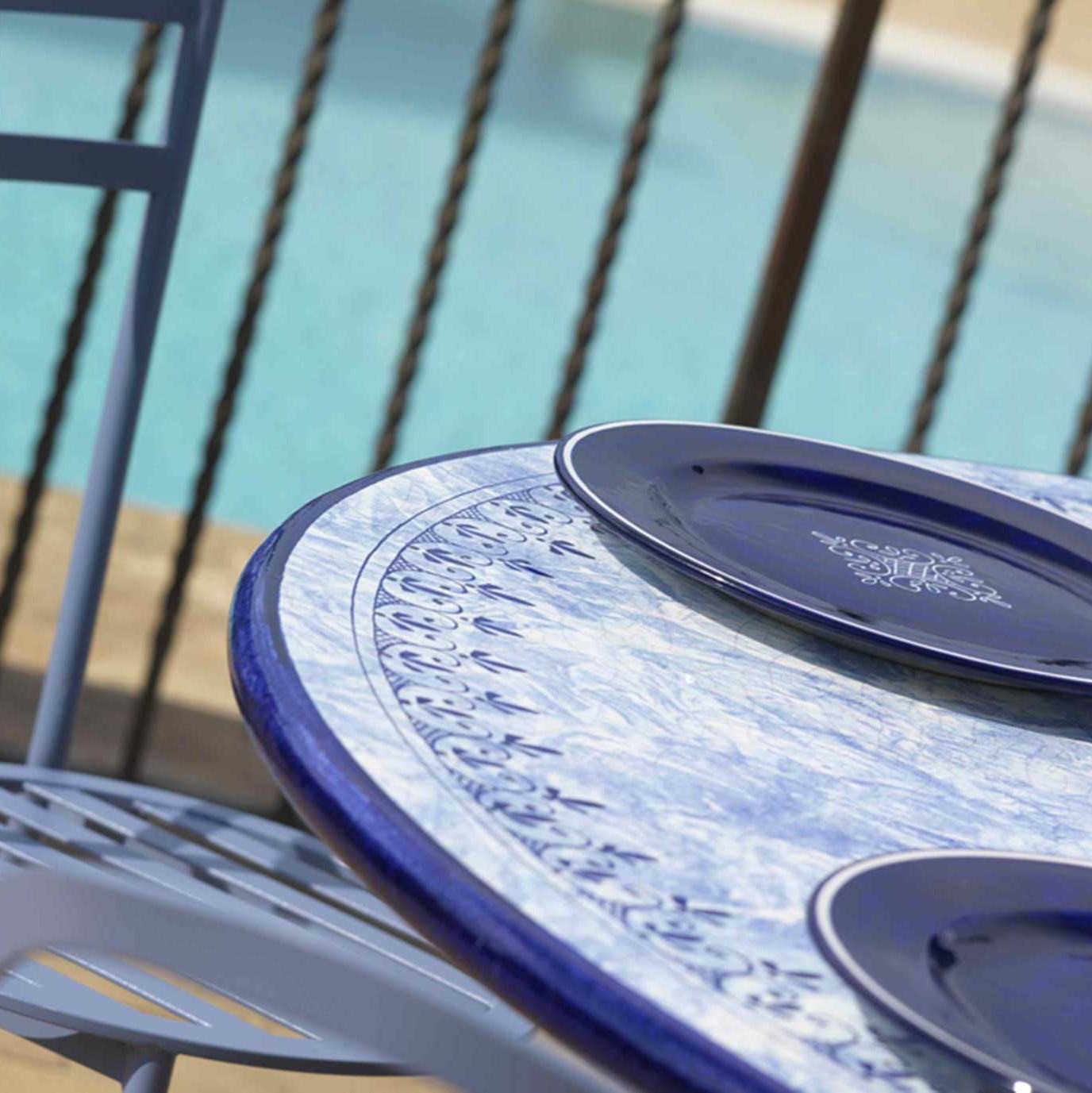 CERAMIC STONE TABLE + IRON BASE: MARSIGLIA Design - Hand Painted in Deruta, Italy. - tops-selection.shop