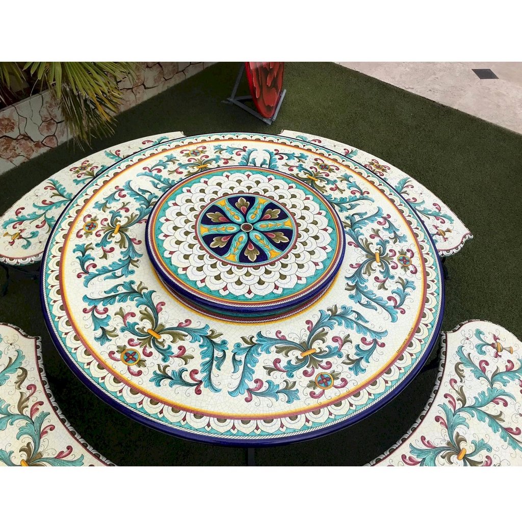 CERAMIC STONE TABLE + IRON BASE: MONREALE Design^- Hand Painted - tops-selection.shop