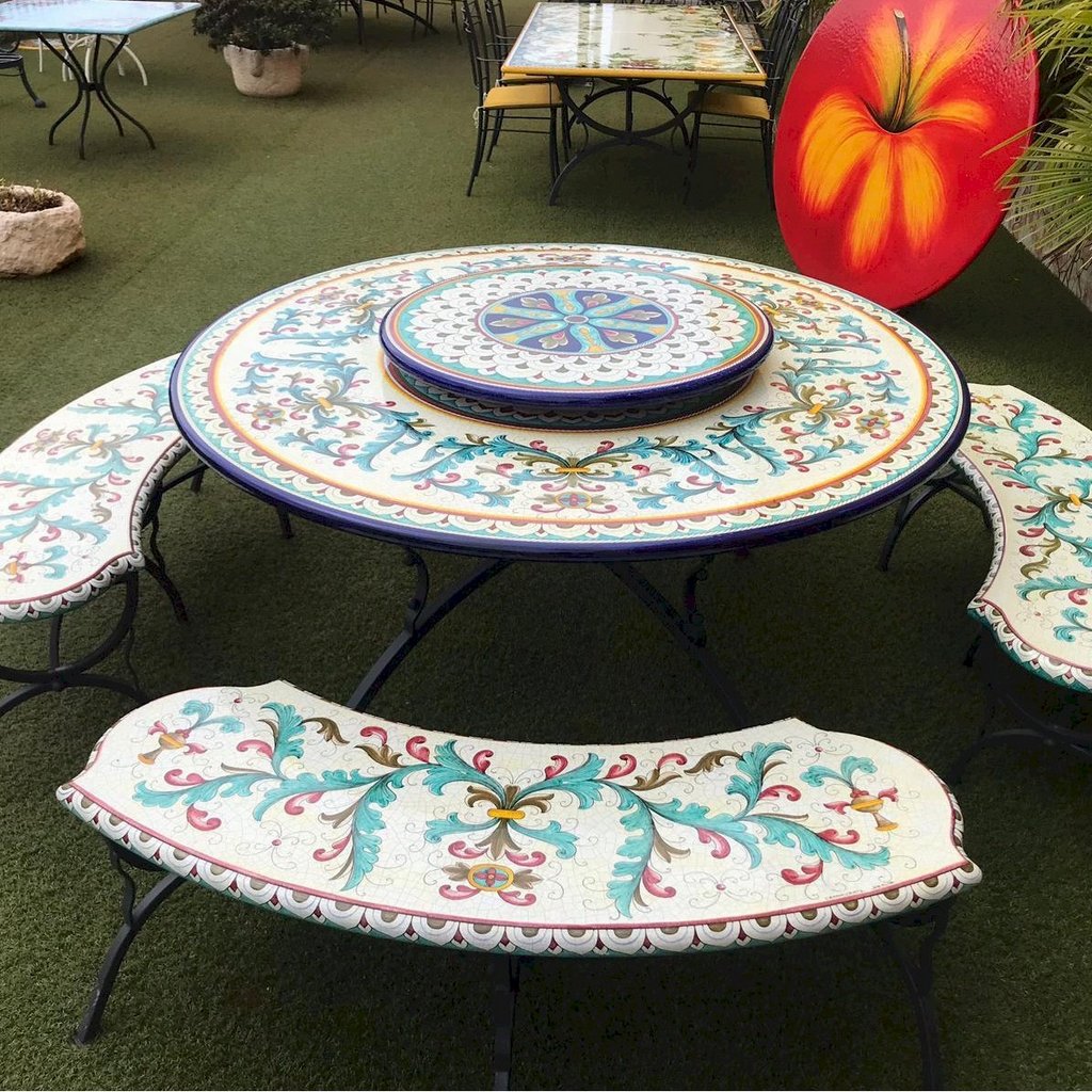 CERAMIC STONE TABLE + IRON BASE: MONREALE Design^- Hand Painted - tops-selection.shop