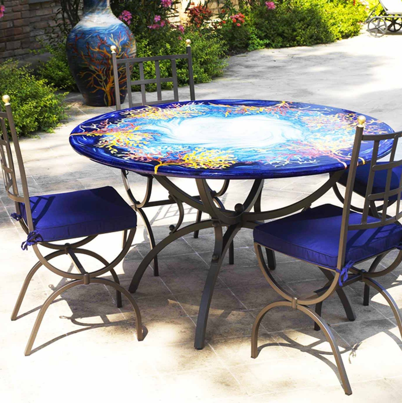 CERAMIC STONE TABLE + IRON BASE: NIZZA Design - Hand Painted in Deruta, Italy. - tops-selection.shop