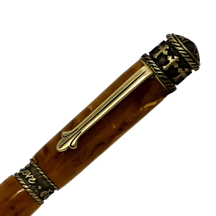 ART-PEN: Handcrafted Luxury Twist Pen - Faith Hope Love - Antique Pewter with Marble Acrylic Spicy Mustard Composite body - tops-selection.shop