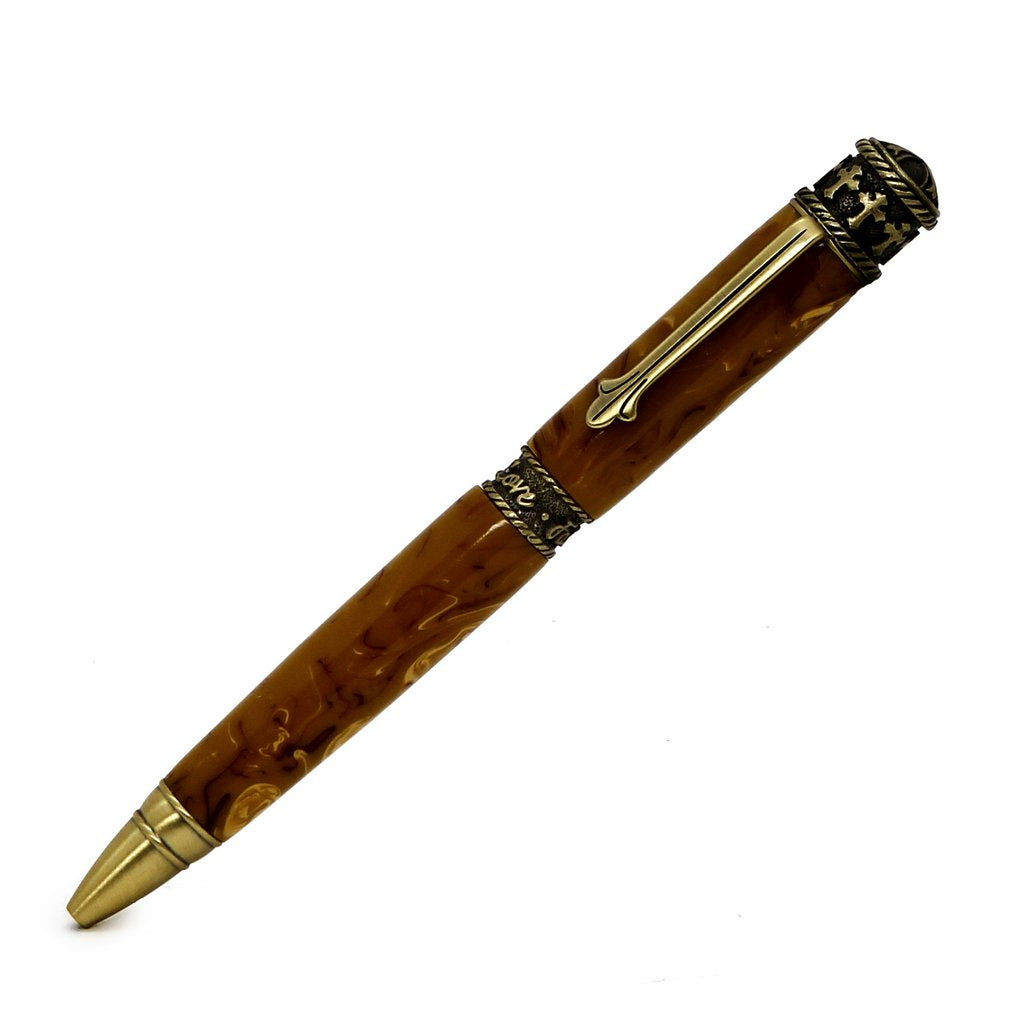 ART-PEN: Handcrafted Luxury Twist Pen - Faith Hope Love - Antique Pewter with Marble Acrylic Spicy Mustard Composite body - tops-selection.shop