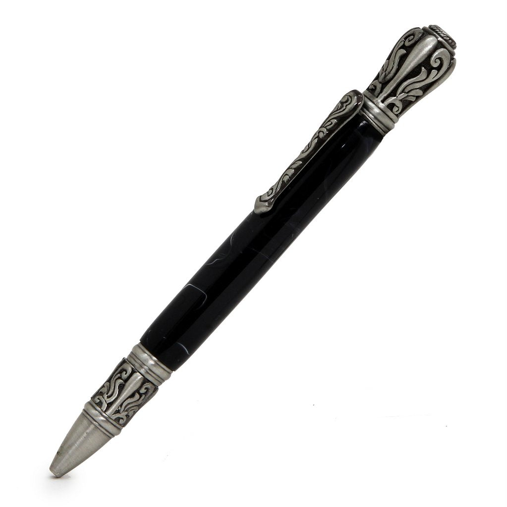 ART-PEN: Handcrafted Luxury Twist Pen - Deruta Perugino - Ant. Pewter with Marble Galaxy Black body. - tops-selection.shop