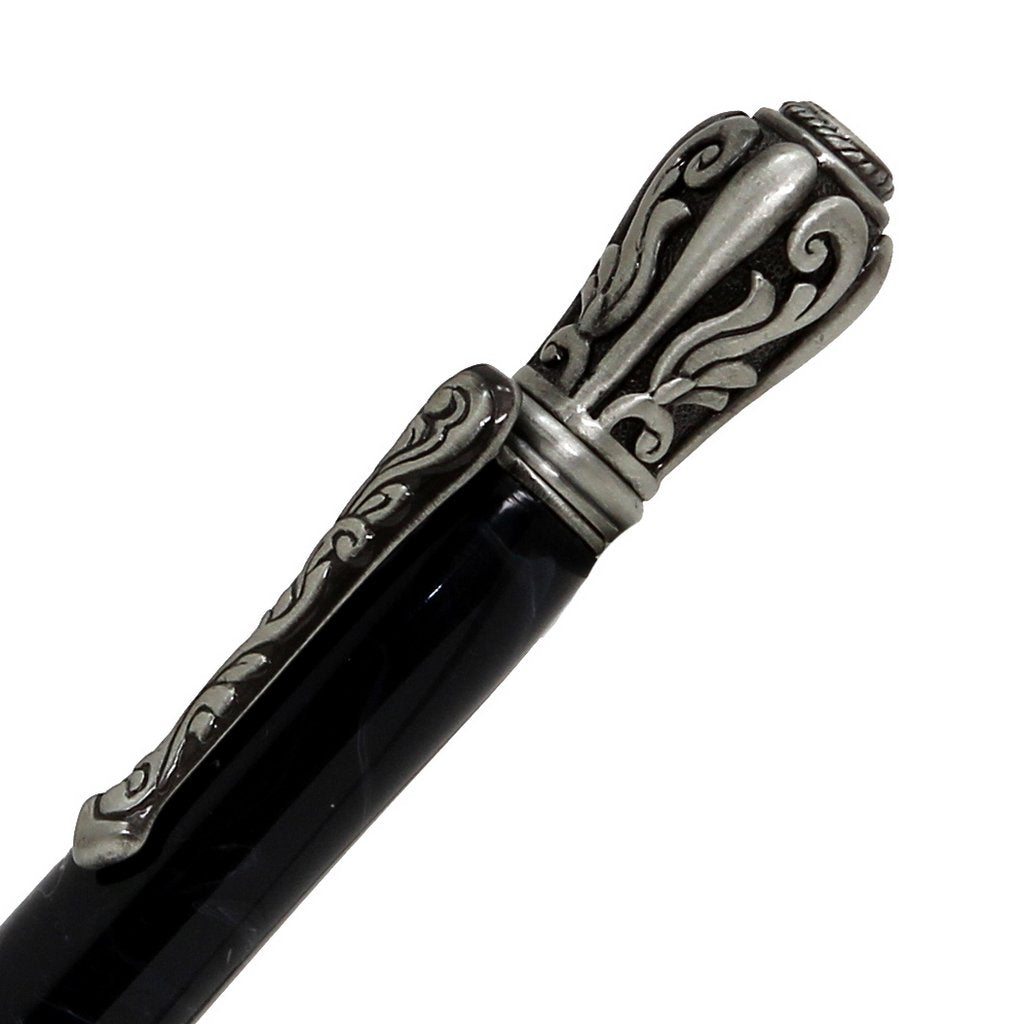 ART-PEN: Handcrafted Luxury Twist Pen - Deruta Perugino - Ant. Pewter with Marble Galaxy Black body. - tops-selection.shop