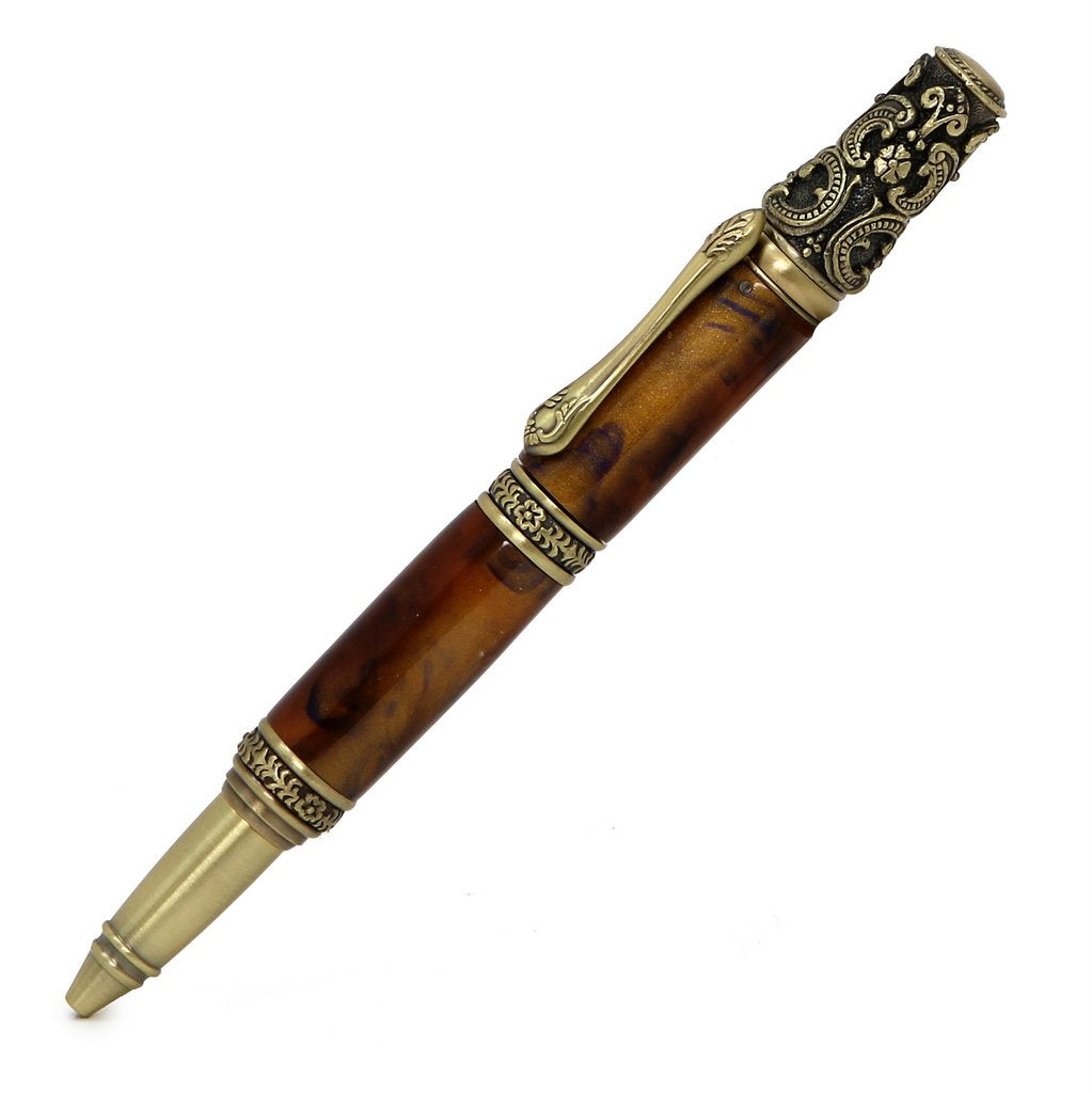 ART-PEN: Handcrafted Luxury Twist Pen - Ricco Deruta Design - Antique Brass with Marble Antique Amber Acrylic body - tops-selection.shop