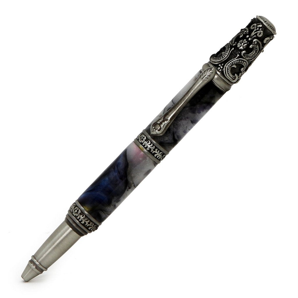 ART-PEN: Handcrafted Luxury Twist Pen - Ricco Deruta Design - Antique Pewter with Marble White/Blk Swirl Acrylic body - tops-selection.shop