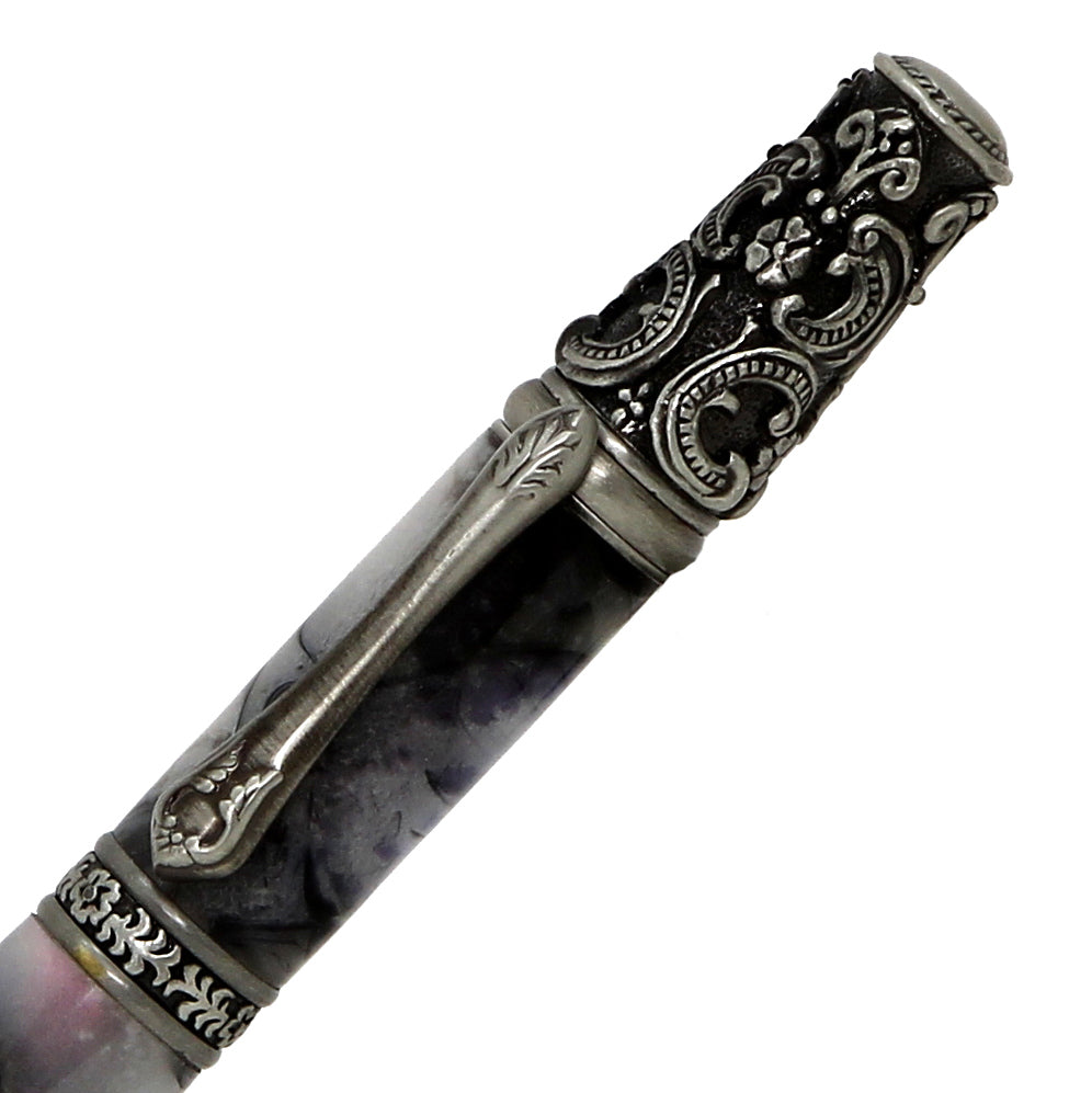 ART-PEN: Handcrafted Luxury Twist Pen - Ricco Deruta Design - Antique Pewter with Marble White/Blk Swirl Acrylic body - tops-selection.shop