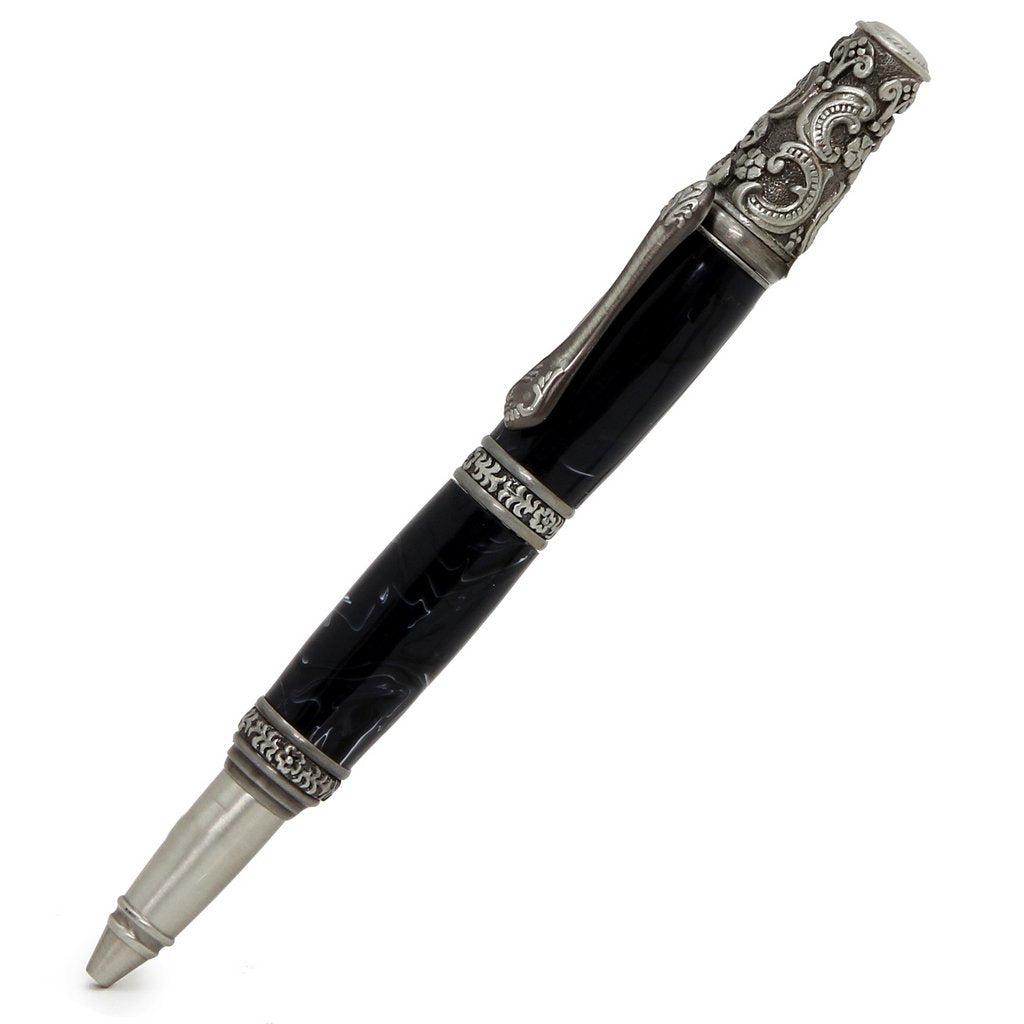 ART-PEN: Handcrafted Luxury Twist Pen - Ricco Deruta Design - Antique Pewter with Marble Acrylic Midnight body - tops-selection.shop