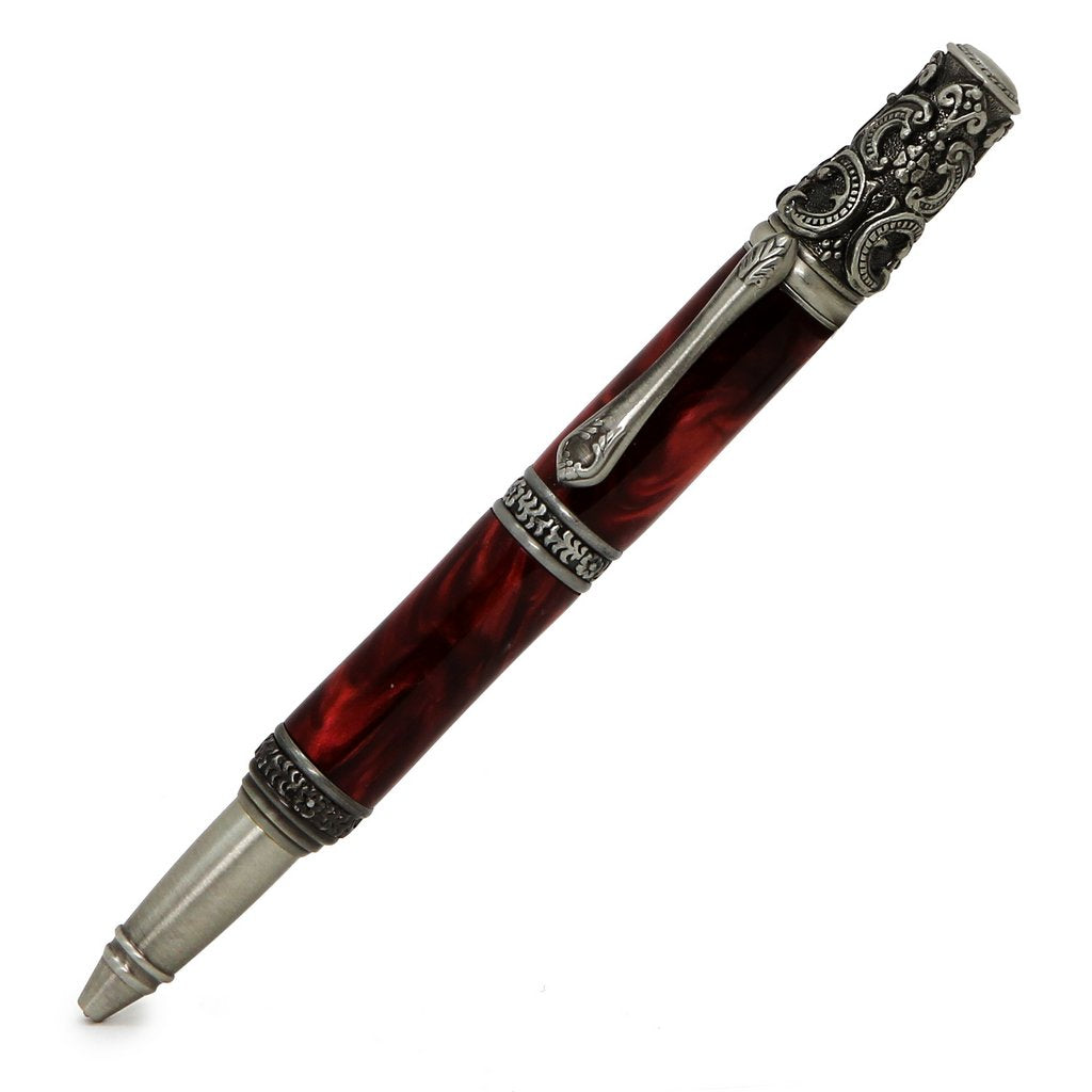 ART-PEN: Handcrafted Luxury Twist Pen - Ricco Deruta Design - Antique Pewter with Synthetic Burl Bright Red Acrylic body - tops-selection.shop
