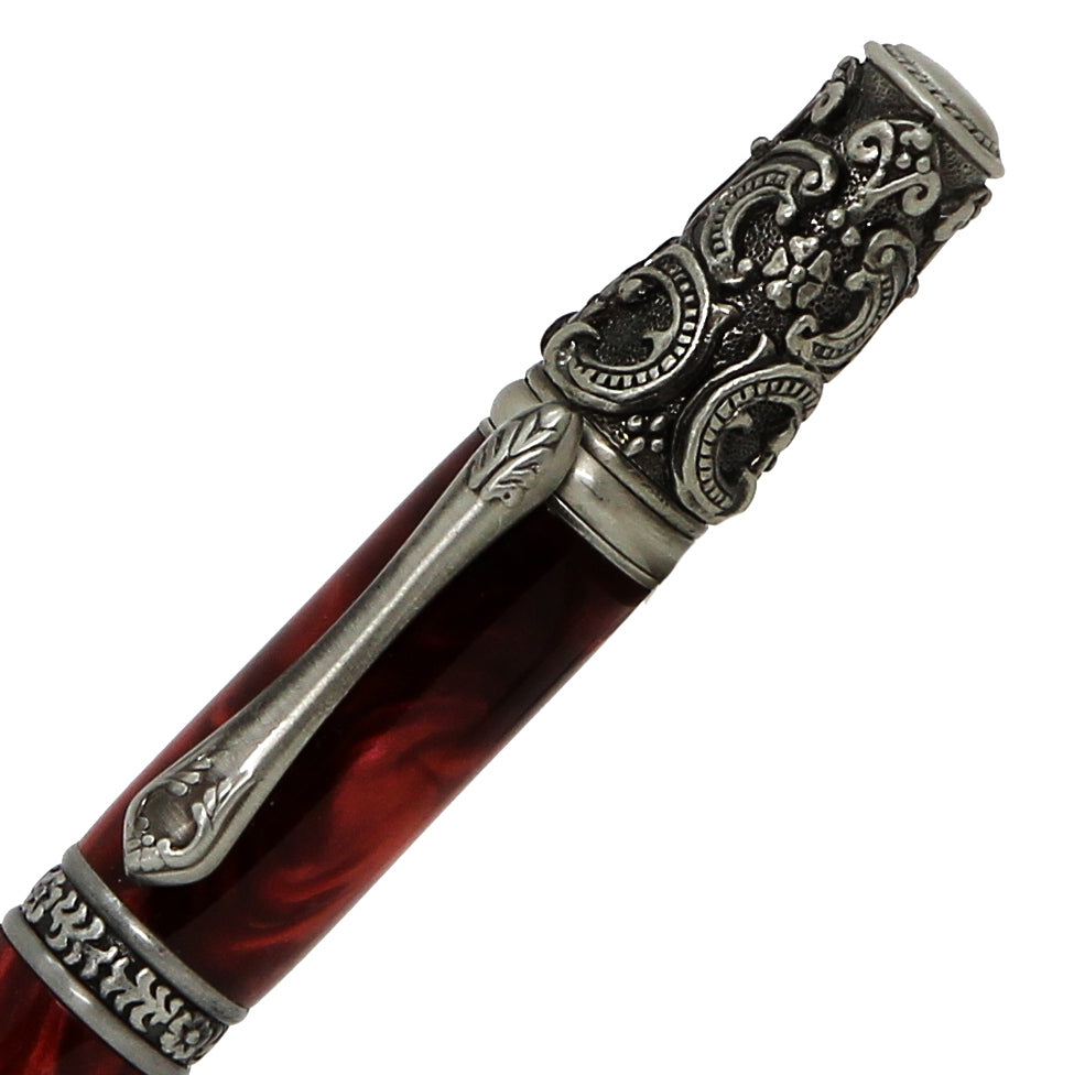 ART-PEN: Handcrafted Luxury Twist Pen - Ricco Deruta Design - Antique Pewter with Synthetic Burl Bright Red Acrylic body - tops-selection.shop