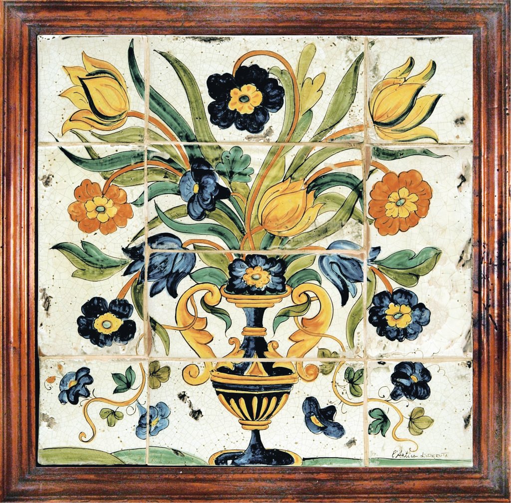 ANTICA DERUTA: Hand Painted Framed Ceramic Tiles Panel - Still Life - tops-selection.shop