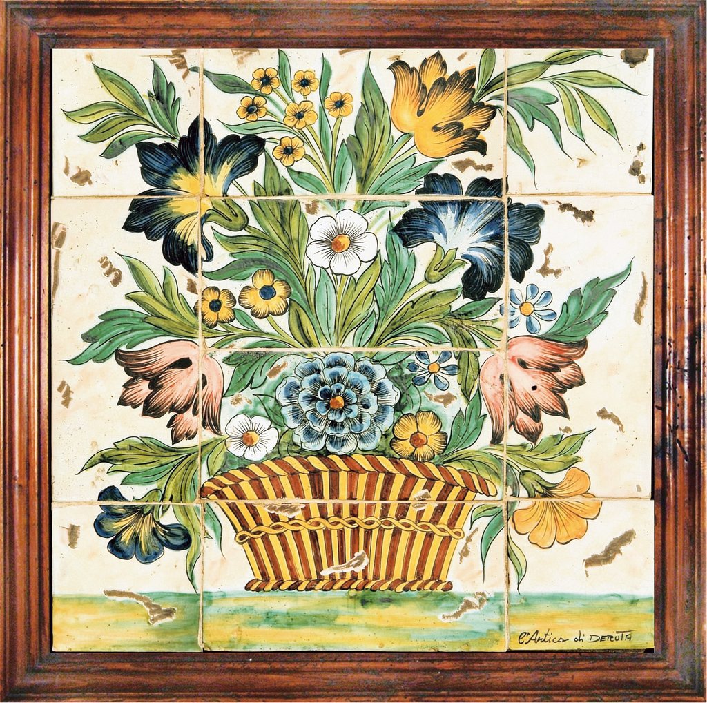 ANTICA DERUTA: Hand Painted Framed Ceramic Tiles Panel - Flower - tops-selection.shop