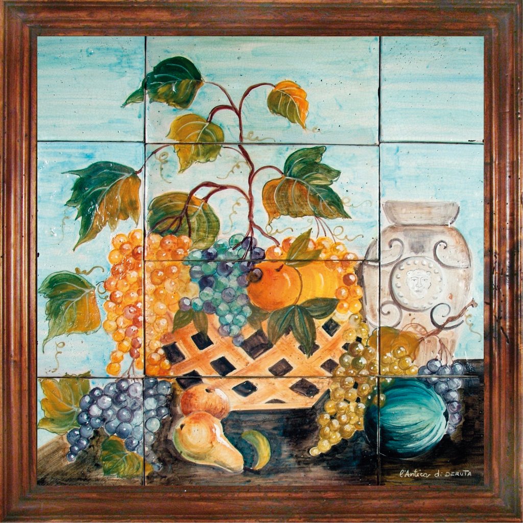 ANTICA DERUTA: Hand Painted Framed Ceramic Tiles Panel - Flower - tops-selection.shop