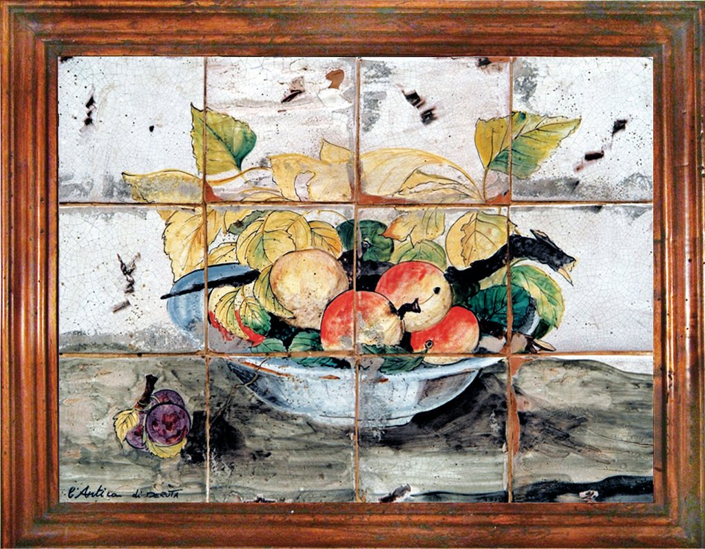 ANTICA DERUTA: Hand Painted Framed Ceramic Tiles Panel - Fruit on bowl - tops-selection.shop